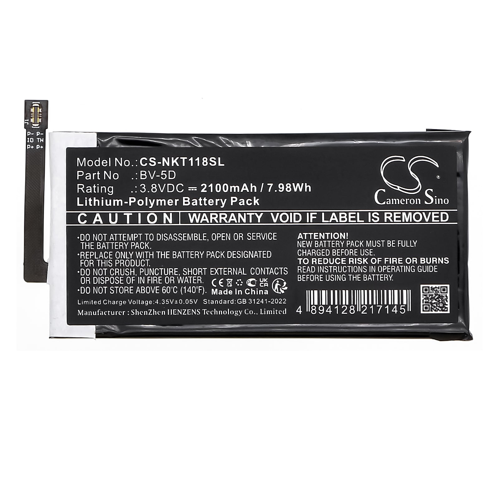 3.8V, Li-Polymer, 2100mAh, Battery fits Nokia 800 Tough, TA-1186, 7.98Wh Mobile, SmartPhone Cameron Sino Technology Limited