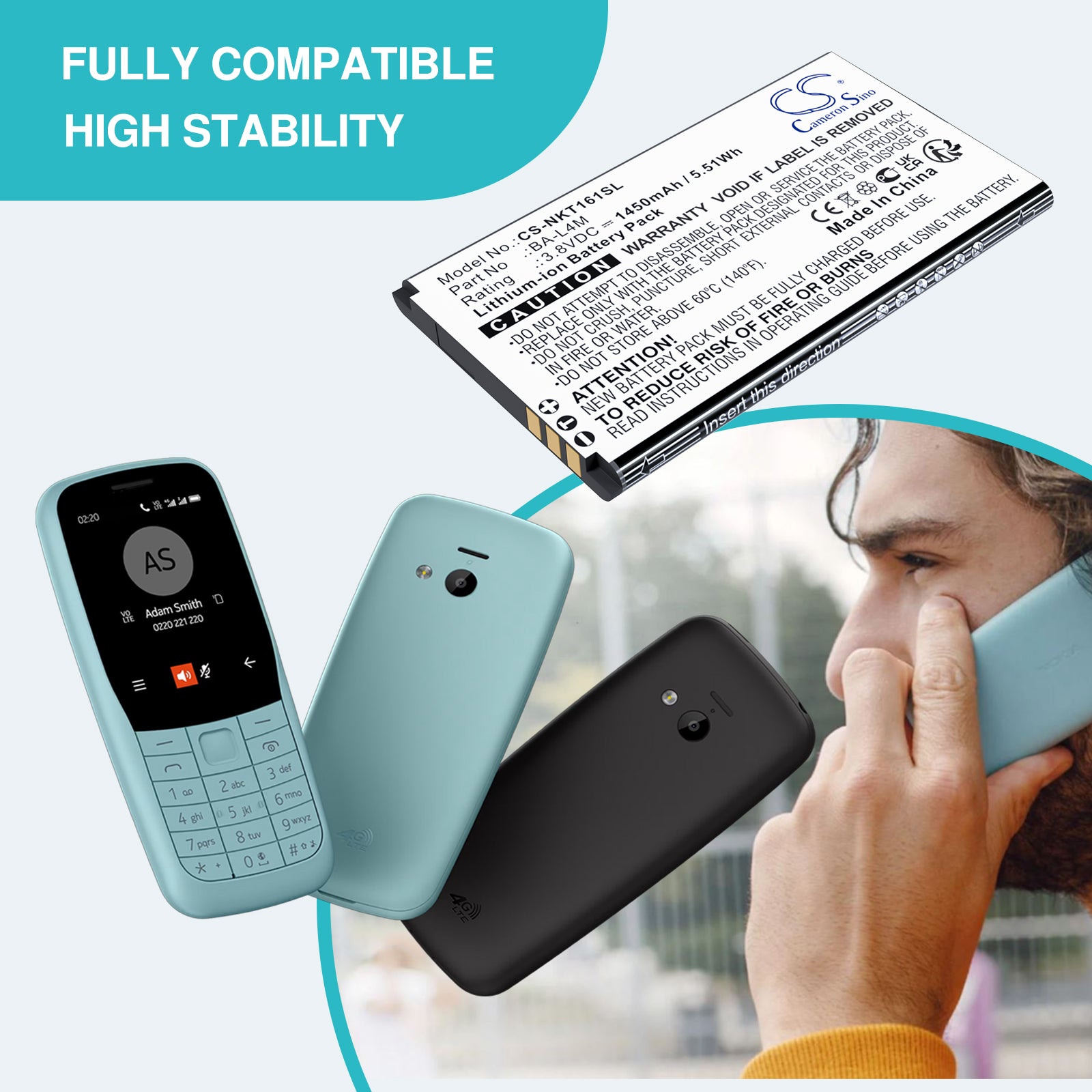3.8V, Li-ion, 1450mAh, Battery fits Nokia 220 4G, 225, 5.51Wh Mobile, SmartPhone Cameron Sino Technology Limited