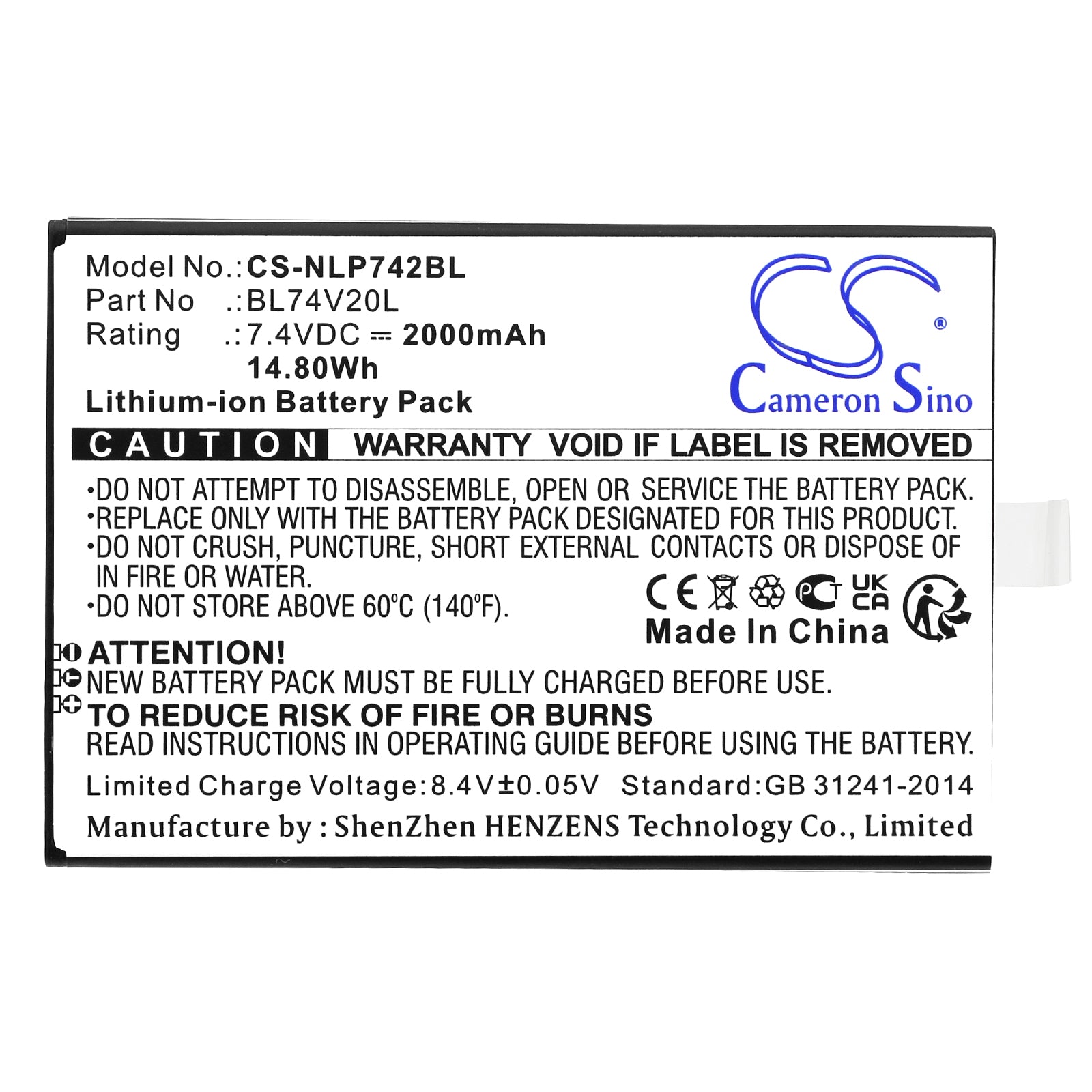 Li-ion, Payment Terminal Battery fits Newland N900, Sp600, 7.4V, 2000mAh Payment Terminal Cameron Sino Technology Limited