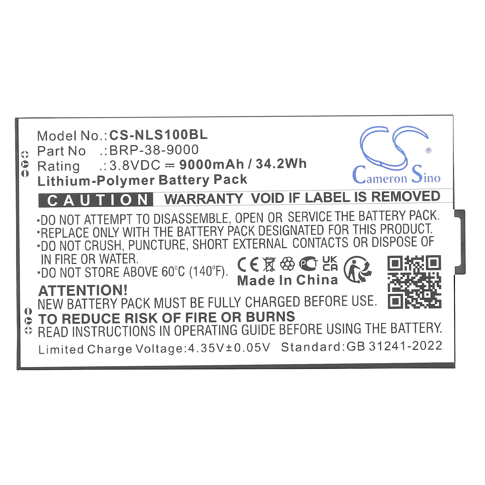 3.8V, Li-Polymer, 9000mAh, Battery fits Newland SD100 Orion II MD, 34.2Wh Tablet Cameron Sino Technology Limited