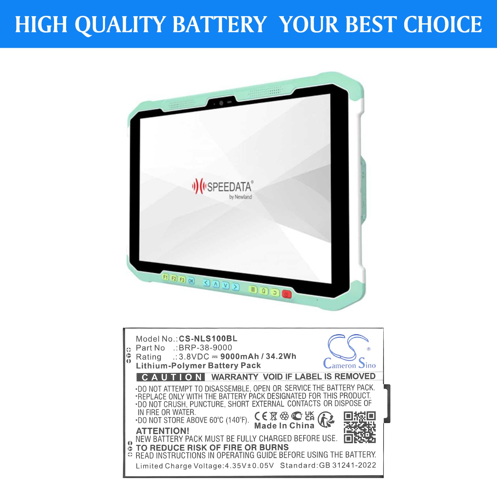 3.8V, Li-Polymer, 9000mAh, Battery fits Newland SD100 Orion II MD, 34.2Wh Tablet Cameron Sino Technology Limited