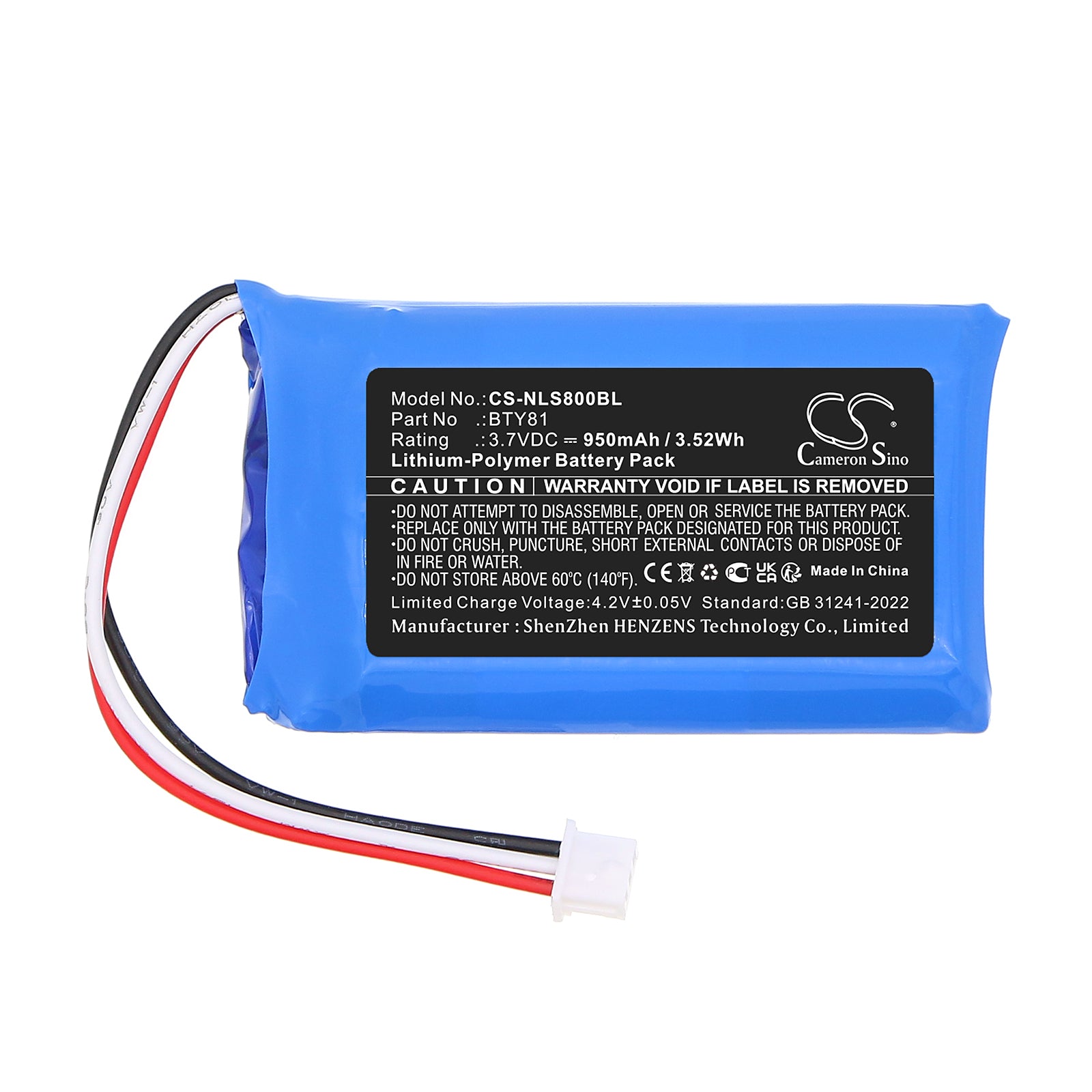3.7V, Li-Polymer, 950mAh, Battery fits Newland NLS-BS80, 3.52Wh Barcode Scanner Cameron Sino Technology Limited