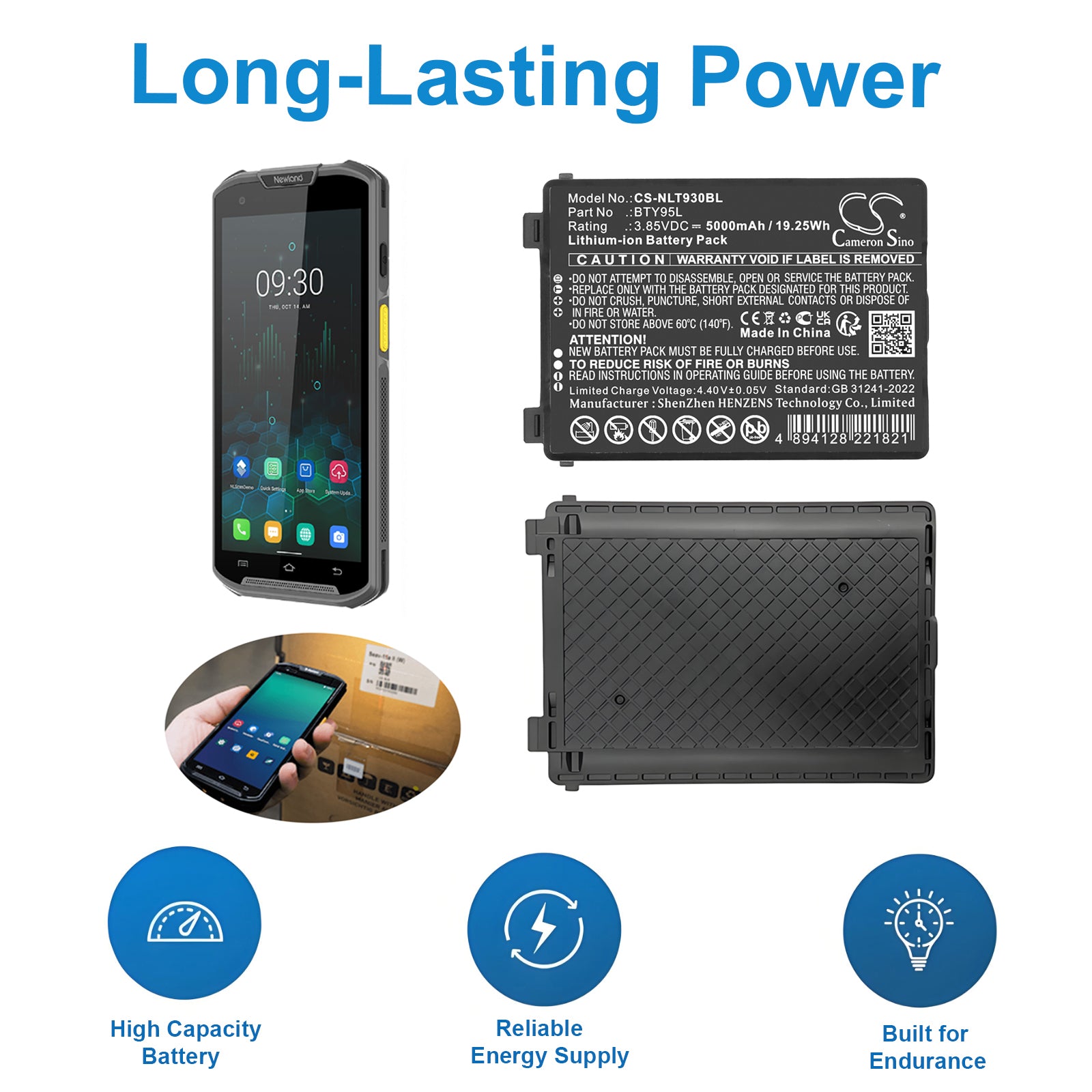 3.85V, Li-ion, 5000mAh, Battery fits Newland MT93, MT93 Megattera, 19.25Wh Barcode Scanner Cameron Sino Technology Limited