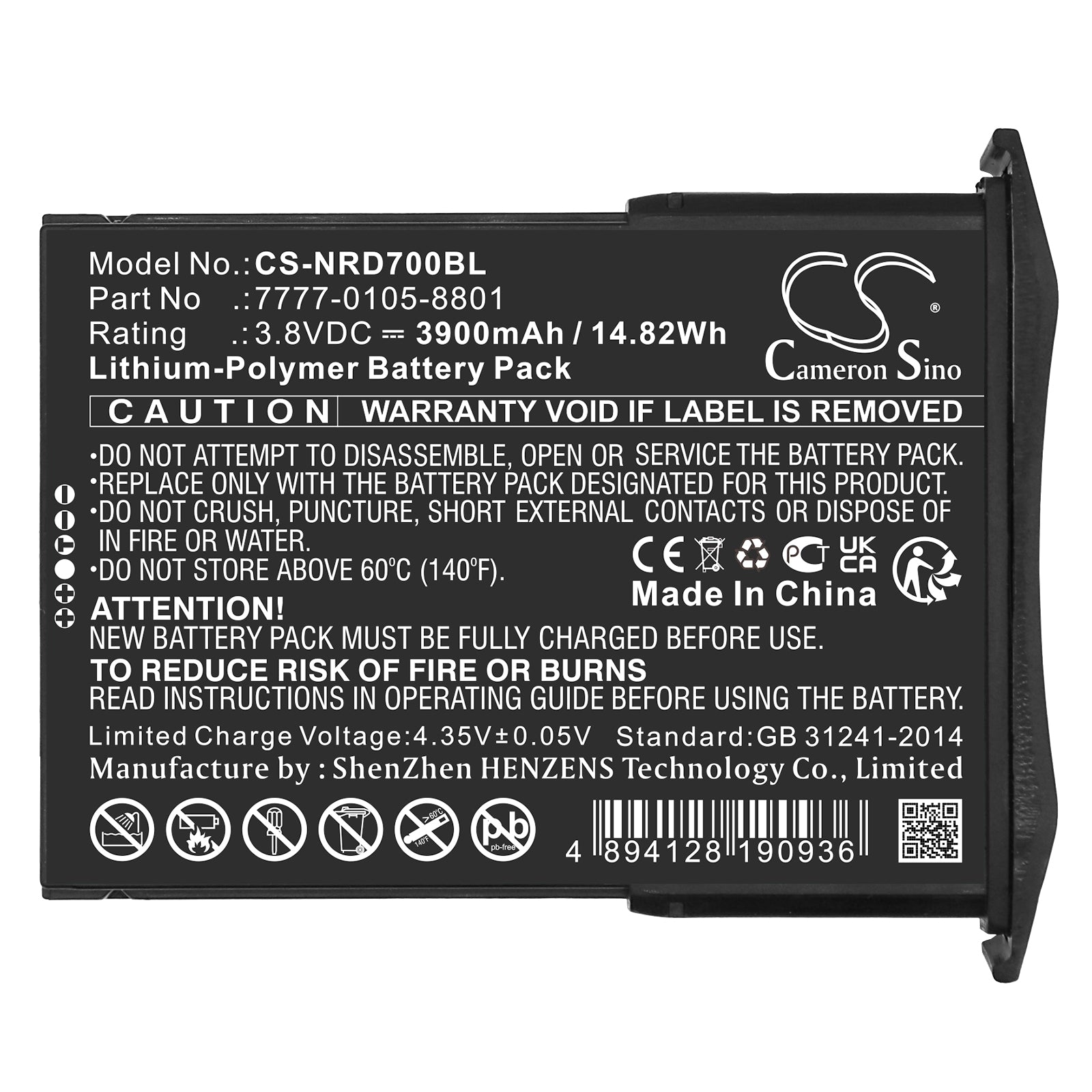 Li-Polymer, Barcode Scanner Battery fits Ncr Orderman 7, 7 Msr, 3.8V, 3900mAh Barcode Scanner Cameron Sino Technology Limited