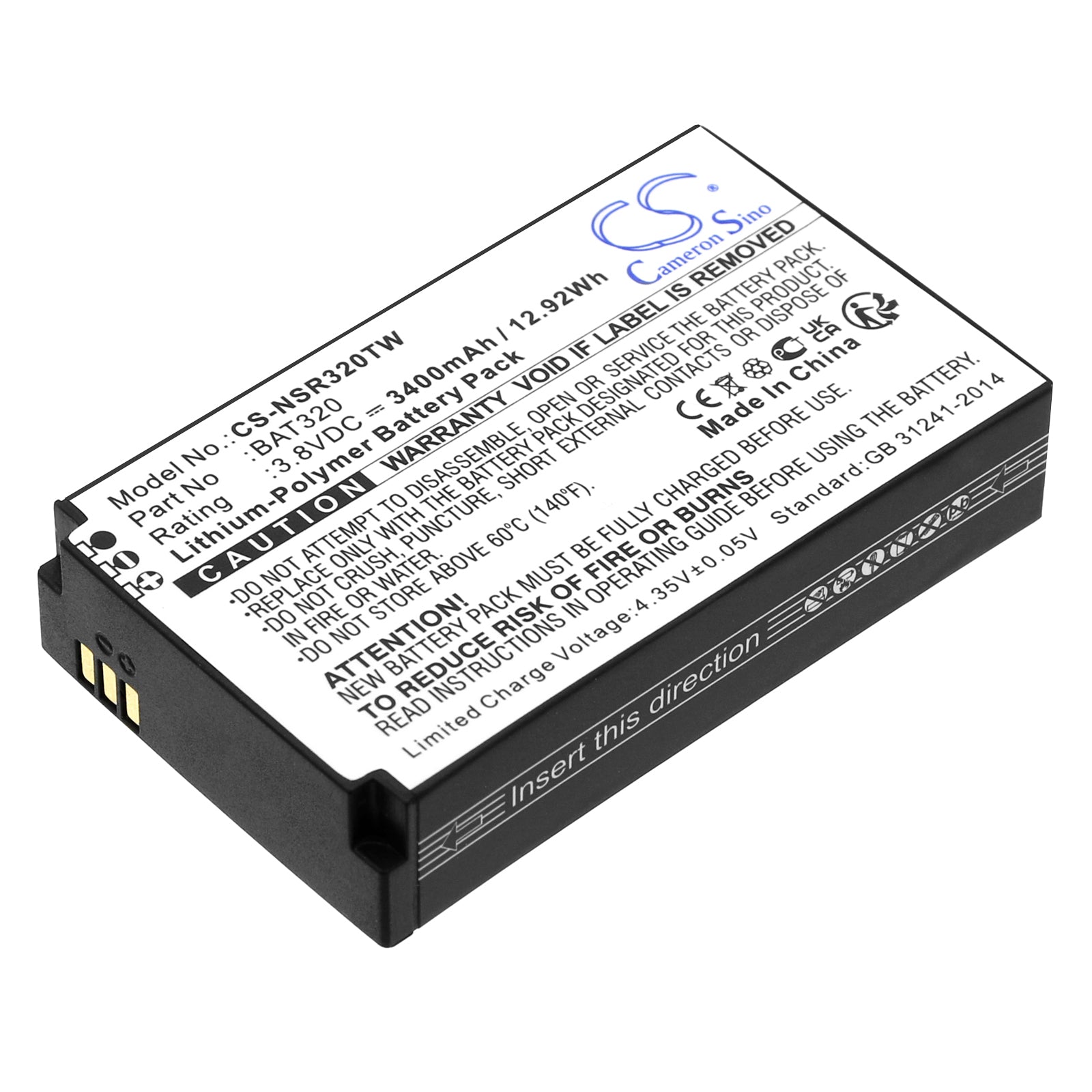 Li-Polymer, Two-Way Radio Battery fits Inrico T-298s, T320, 3.8V, 3400mAh Two-Way Radio Cameron Sino Technology Limited