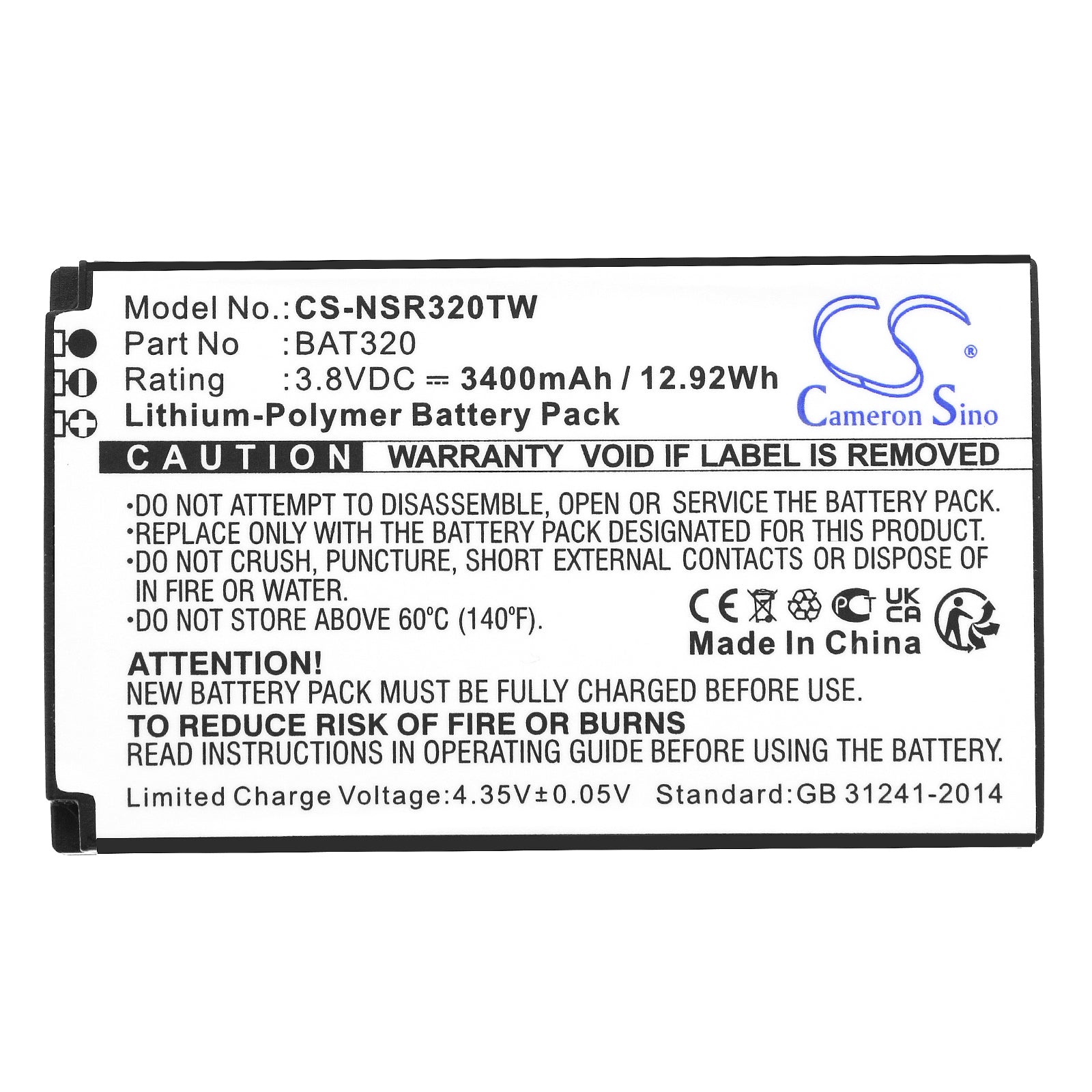 Li-Polymer, Two-Way Radio Battery fits Inrico T-298s, T320, 3.8V, 3400mAh Two-Way Radio Cameron Sino Technology Limited
