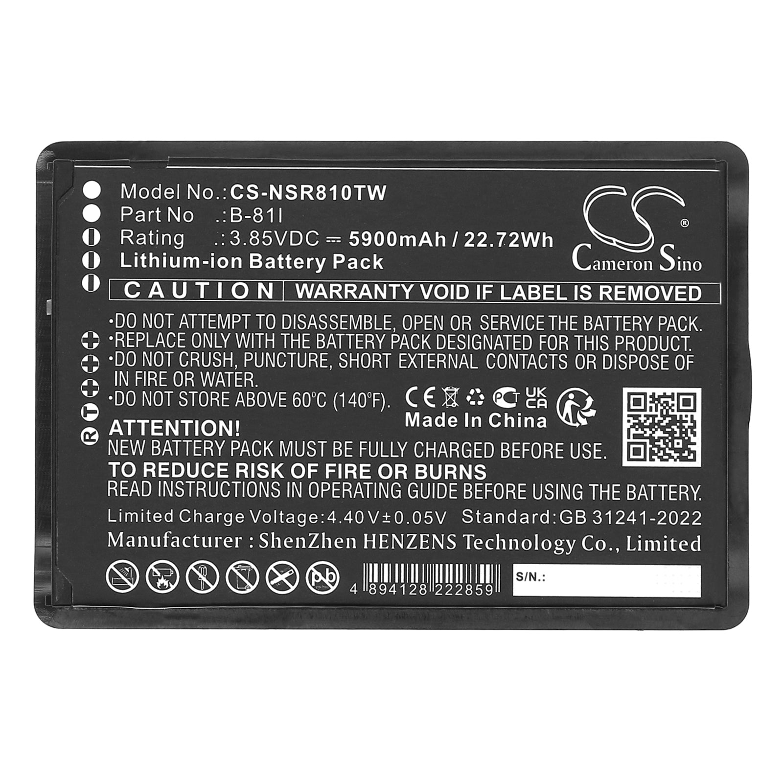 3.85V, Li-ion, 5900mAh, Battery fits Inrico BS-81G, 22.72Wh Two-Way Radio Cameron Sino Technology Limited