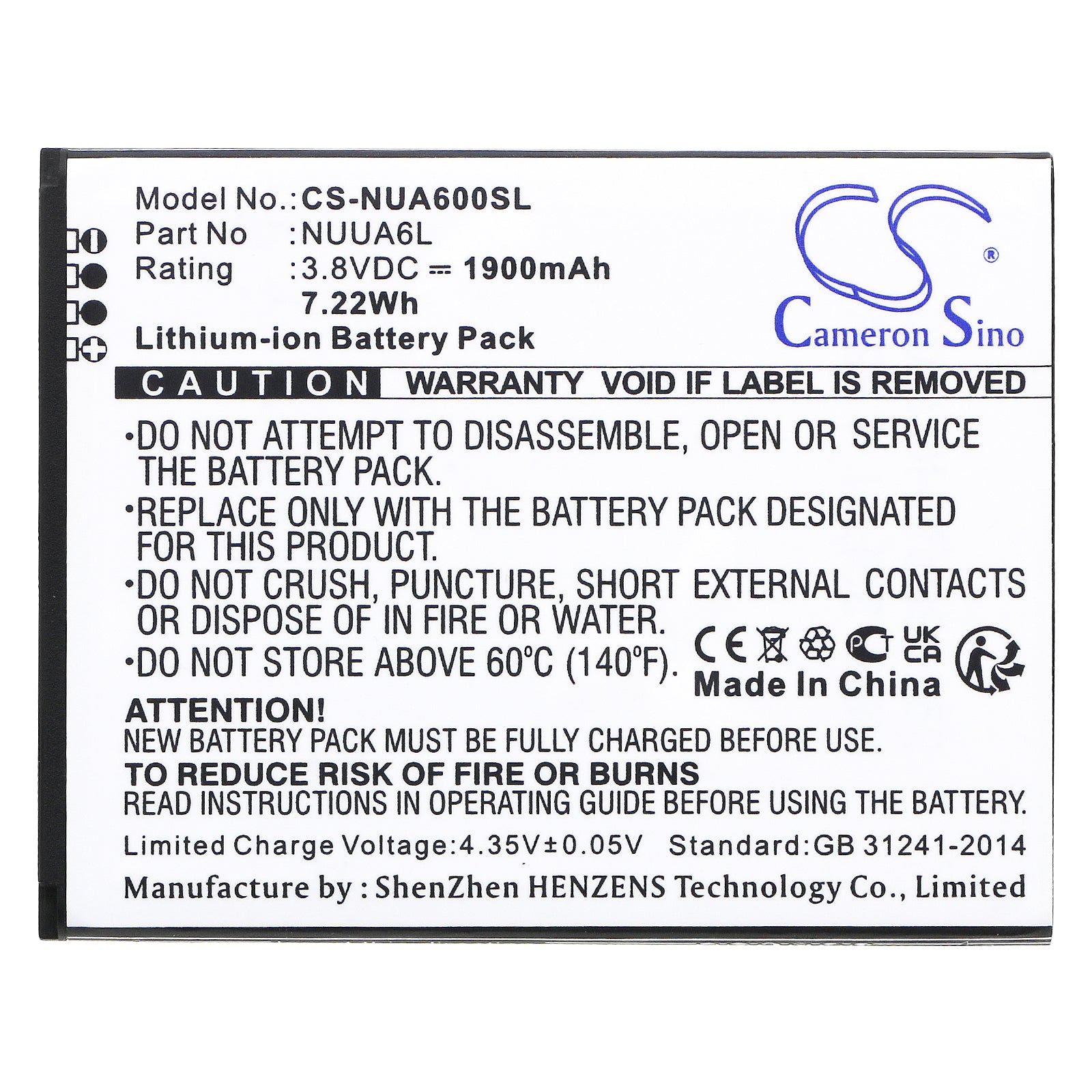 Li-ion, Mobile, SmartPhone Battery fits Nuu A6l, 3.8V, 1900mAh Mobile, SmartPhone Cameron Sino Technology Limited