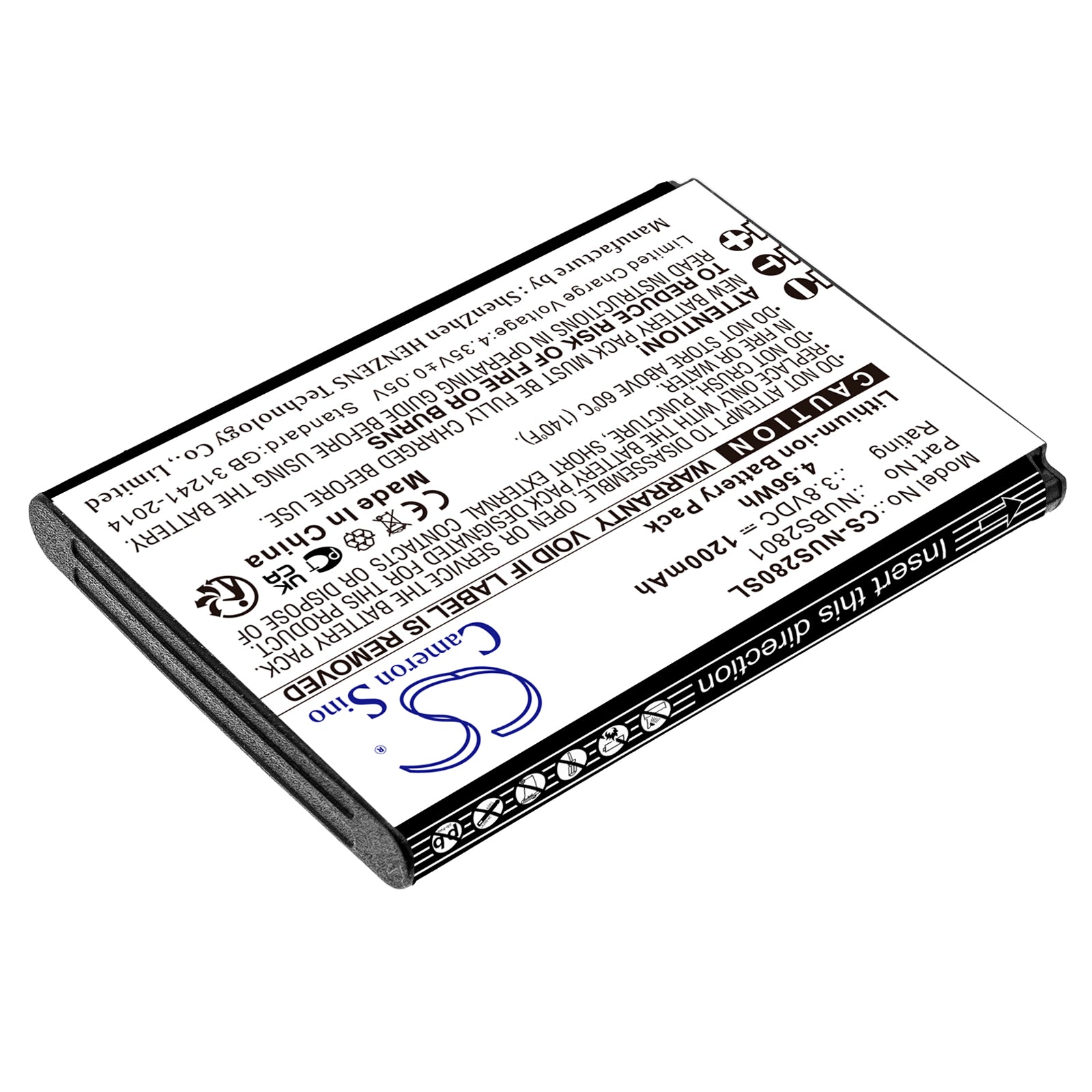 Li-ion, Mobile, SmartPhone Battery fits Nuu Mobile F4l 4g Lte, S2801l, 3.8V, 1200mAh Mobile, SmartPhone Cameron Sino Technology Limited