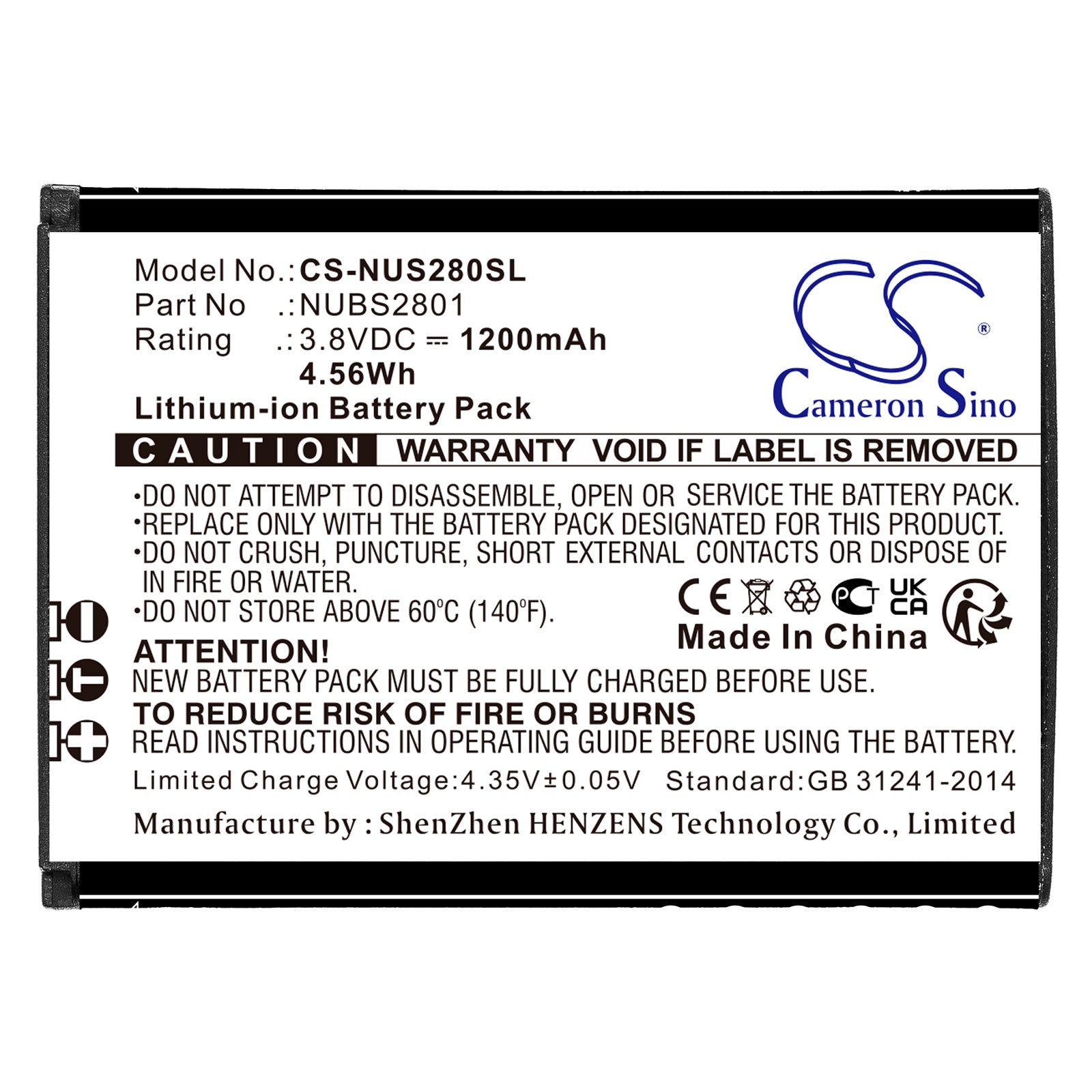 Li-ion, Mobile, SmartPhone Battery fits Nuu Mobile F4l 4g Lte, S2801l, 3.8V, 1200mAh Mobile, SmartPhone Cameron Sino Technology Limited
