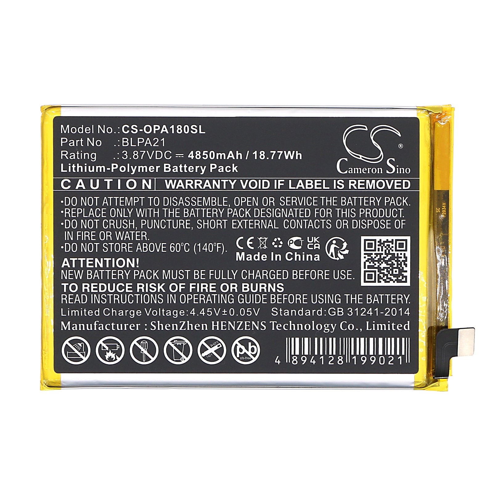Li-Polymer, Mobile, SmartPhone Battery fits Oppo A18, Cph2591, 3.87V, 4850mAh Mobile, SmartPhone Cameron Sino Technology Limited