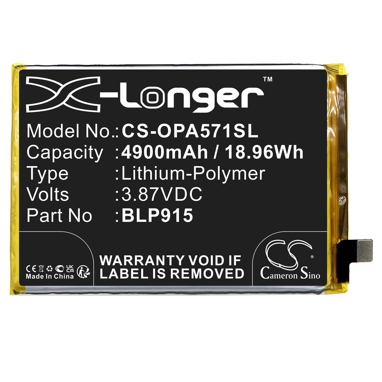 Li-Polymer, Mobile, SmartPhone Battery fits Oppo A57 5g, A57 5g 2022, 3.87V, 4900mAh Mobile, SmartPhone Cameron Sino Technology Limited