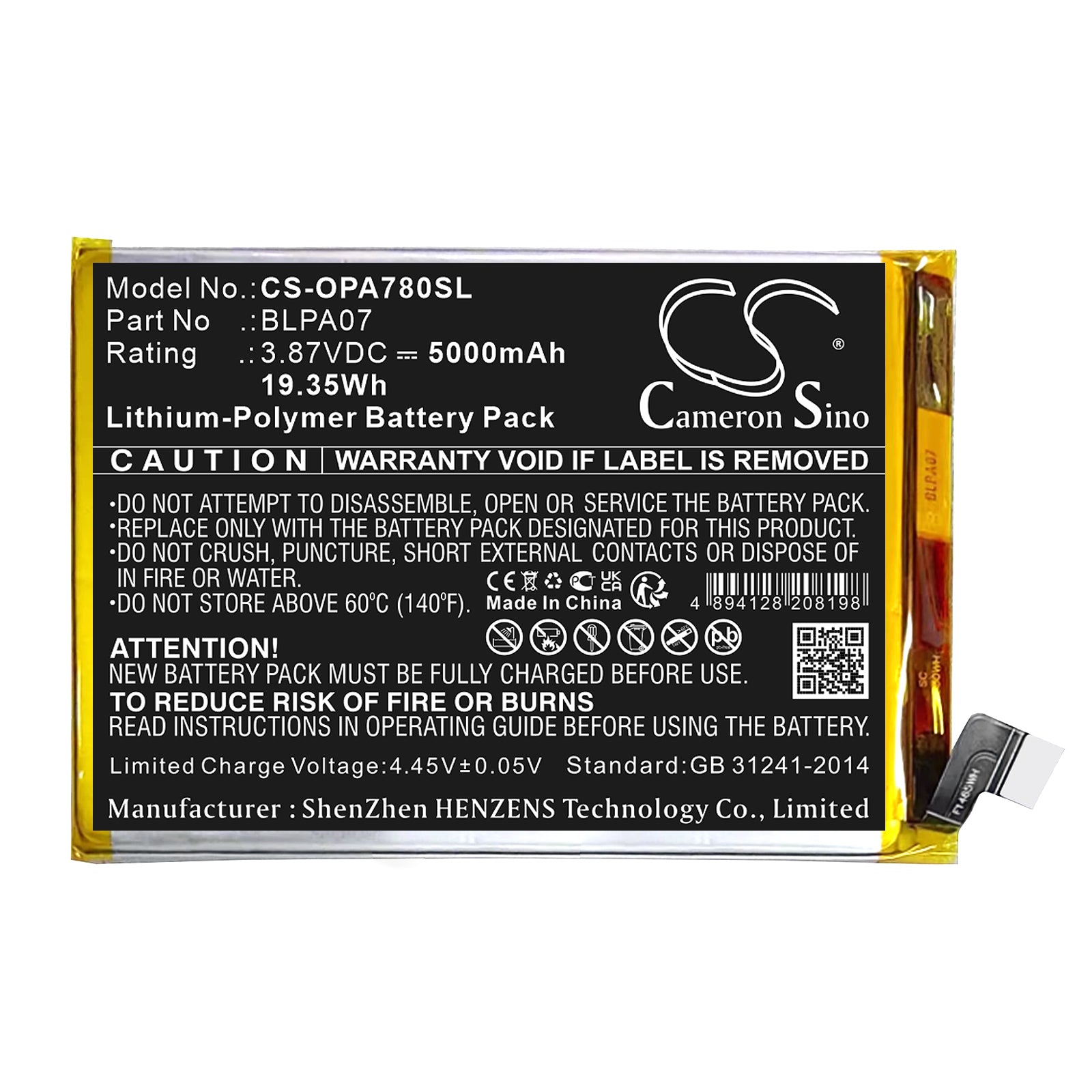 3.87V, Li-Polymer, 5000mAh, Battery fits Oppo A78 4G, CPH2565, 19.35Wh Mobile, SmartPhone Cameron Sino Technology Limited
