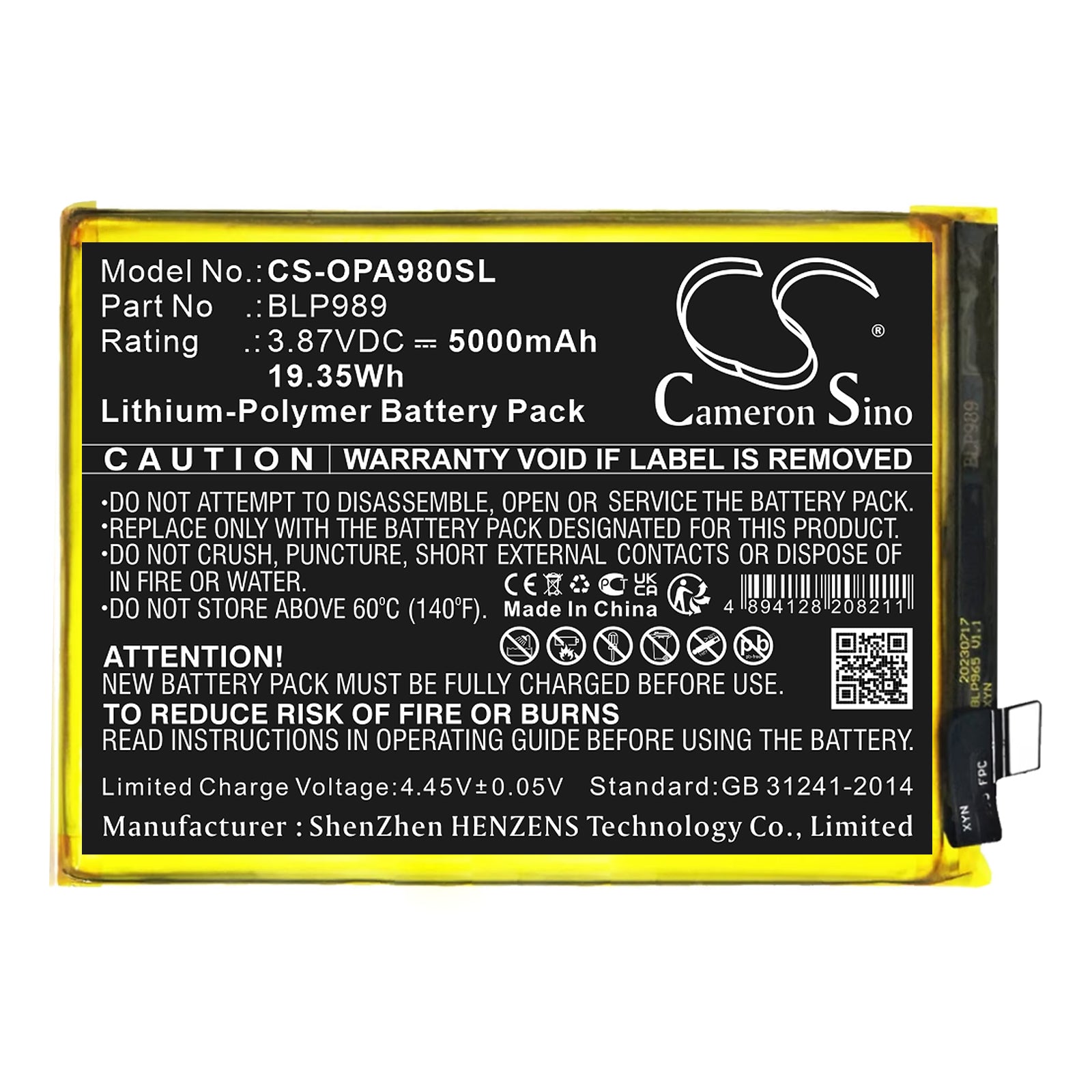 3.87V, Li-Polymer, 5000mAh, Battery fits Oppo A98, CPH2529 | OnePlus CPH2467, 19.35Wh Mobile, SmartPhone Cameron Sino Technology Limited