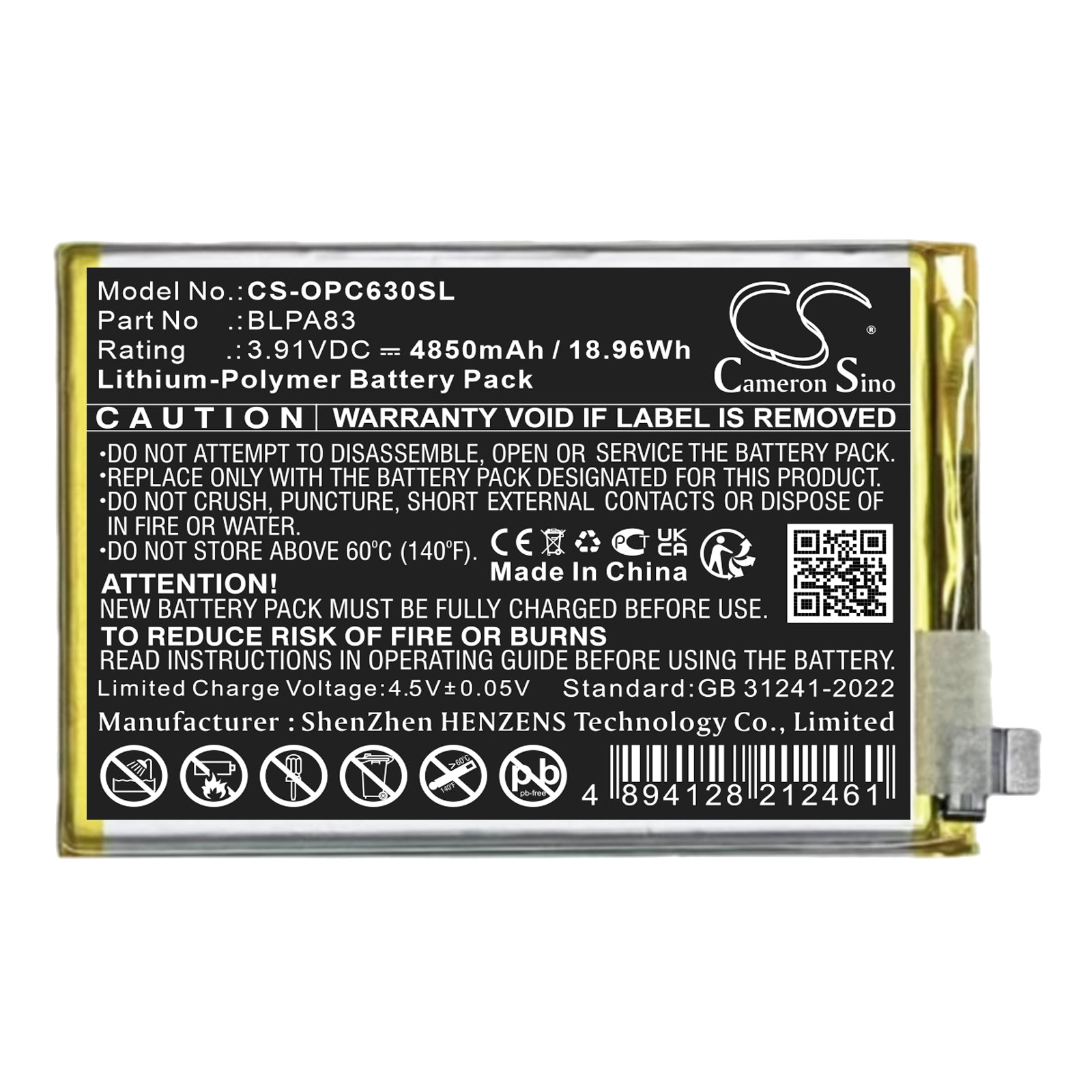 3.91V, Li-Polymer, 4850mAh, Battery fits Oppo RMX3939, Realme C61, 18.96Wh Mobile, SmartPhone Cameron Sino Technology Limited