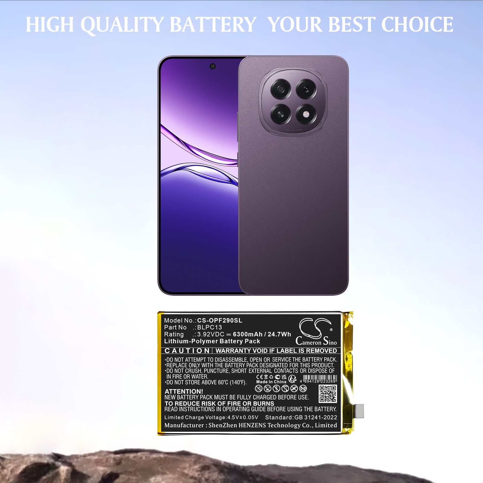 3.92V, Li-Polymer, 6300mAh, Battery fits Oppo F29 5G, 24.7Wh Mobile, SmartPhone Cameron Sino Technology Limited