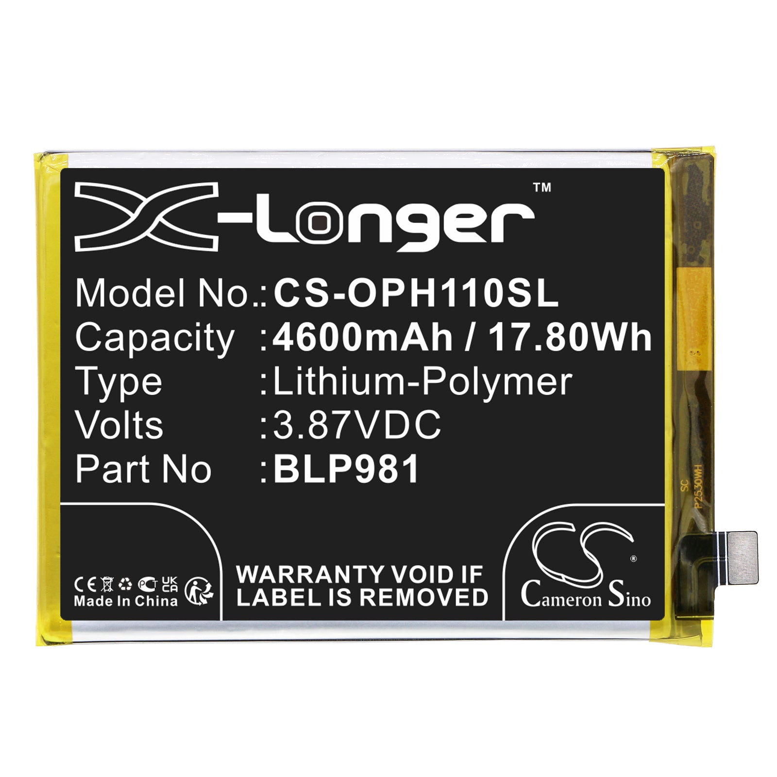 Li-Polymer, Mobile, SmartPhone Battery fits Oppo A1 Pro, Phq110, 3.87V, 4600mAh Mobile, SmartPhone Cameron Sino Technology Limited