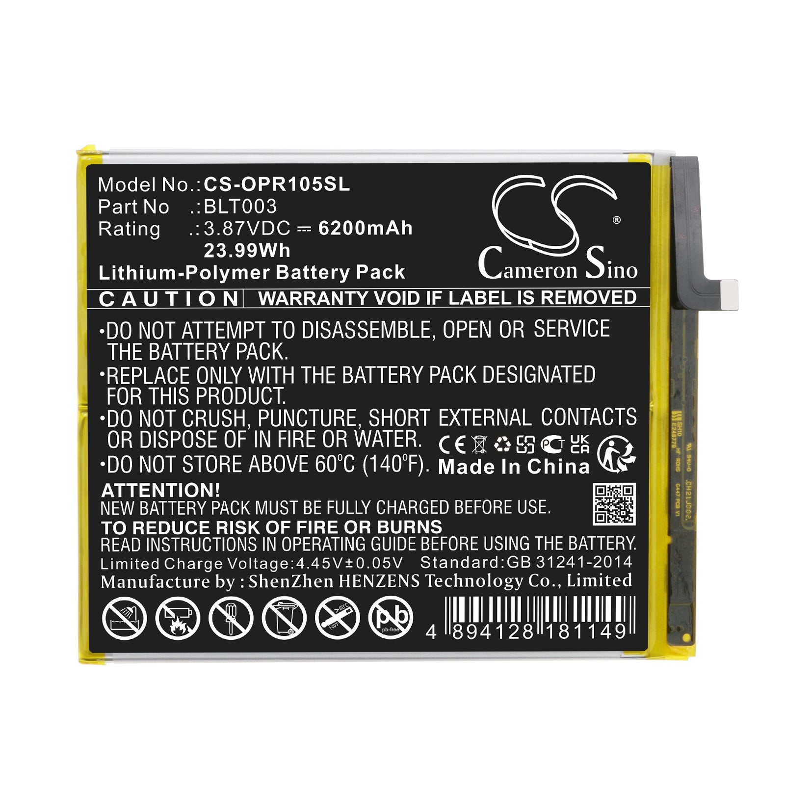 Li-Polymer, Tablet Battery fits Oppo Realme Pad Mini, Realme Pad Mini 4g, 3.87V, 6200mAh Tablet Cameron Sino Technology Limited