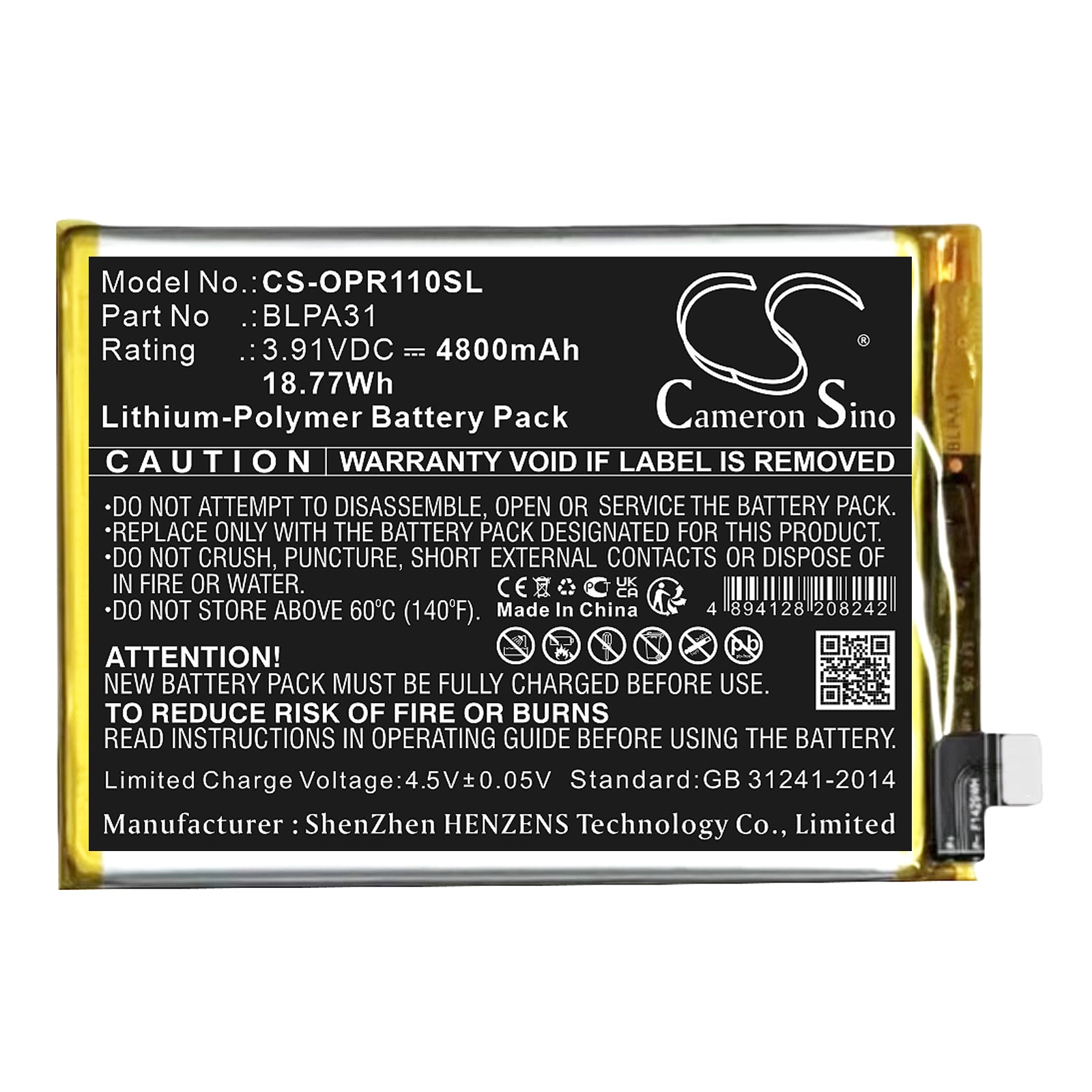 3.91V, Li-Polymer, 4800mAh, Battery fits Oppo Reno 11, Reno 11 5G, 18.77Wh Mobile, SmartPhone Cameron Sino Technology Limited