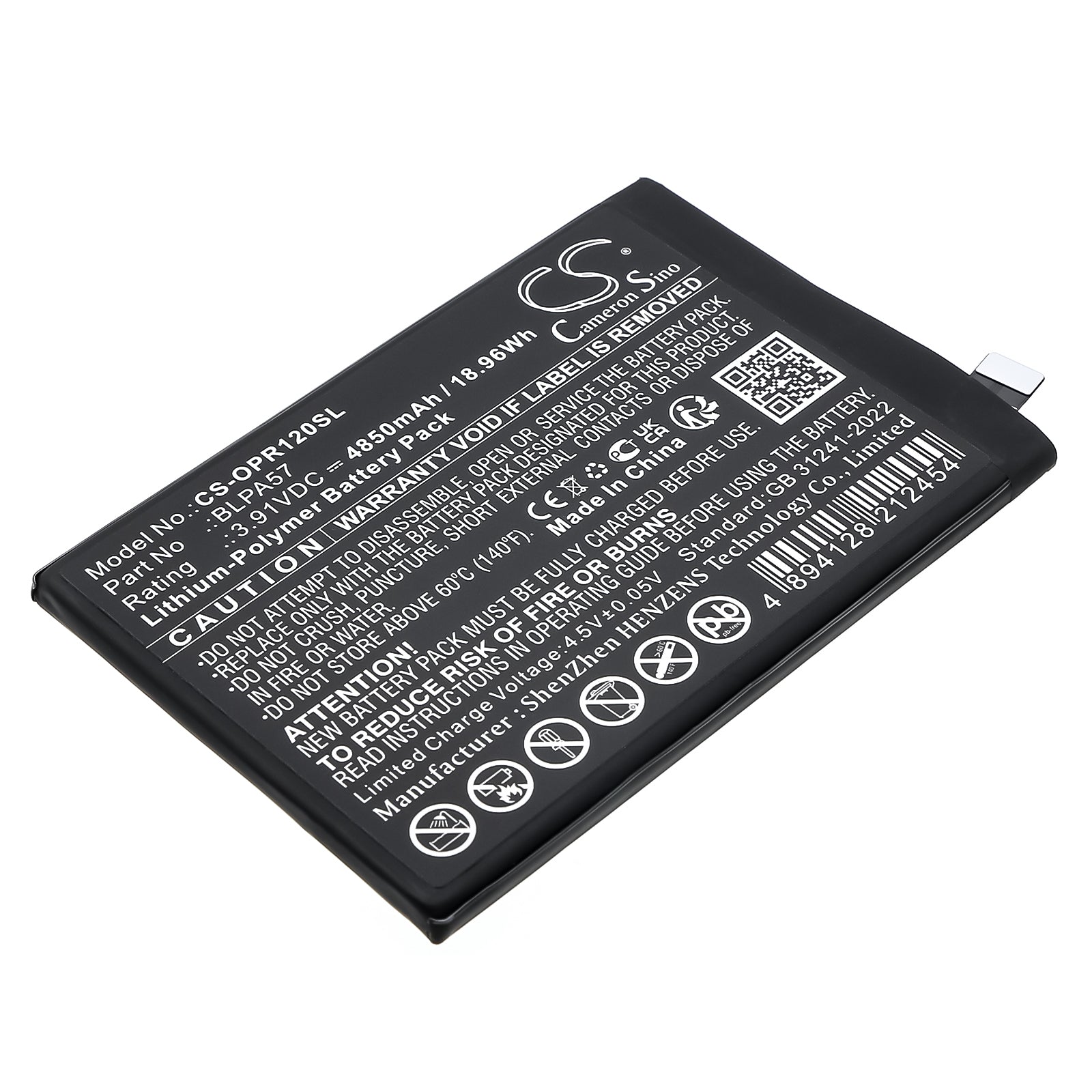 3.91V, Li-Polymer, 4850mAh, Battery fits Oppo CPH2629, Reno12 Pro, 18.96Wh Mobile, SmartPhone Cameron Sino Technology Limited