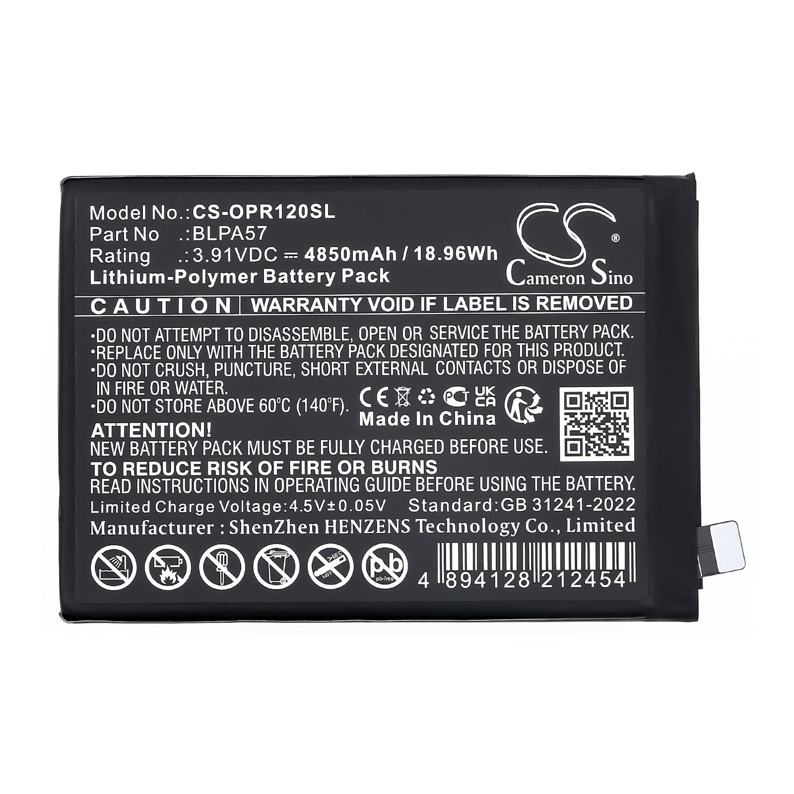 3.91V, Li-Polymer, 4850mAh, Battery fits Oppo CPH2629, Reno12 Pro, 18.96Wh Mobile, SmartPhone Cameron Sino Technology Limited