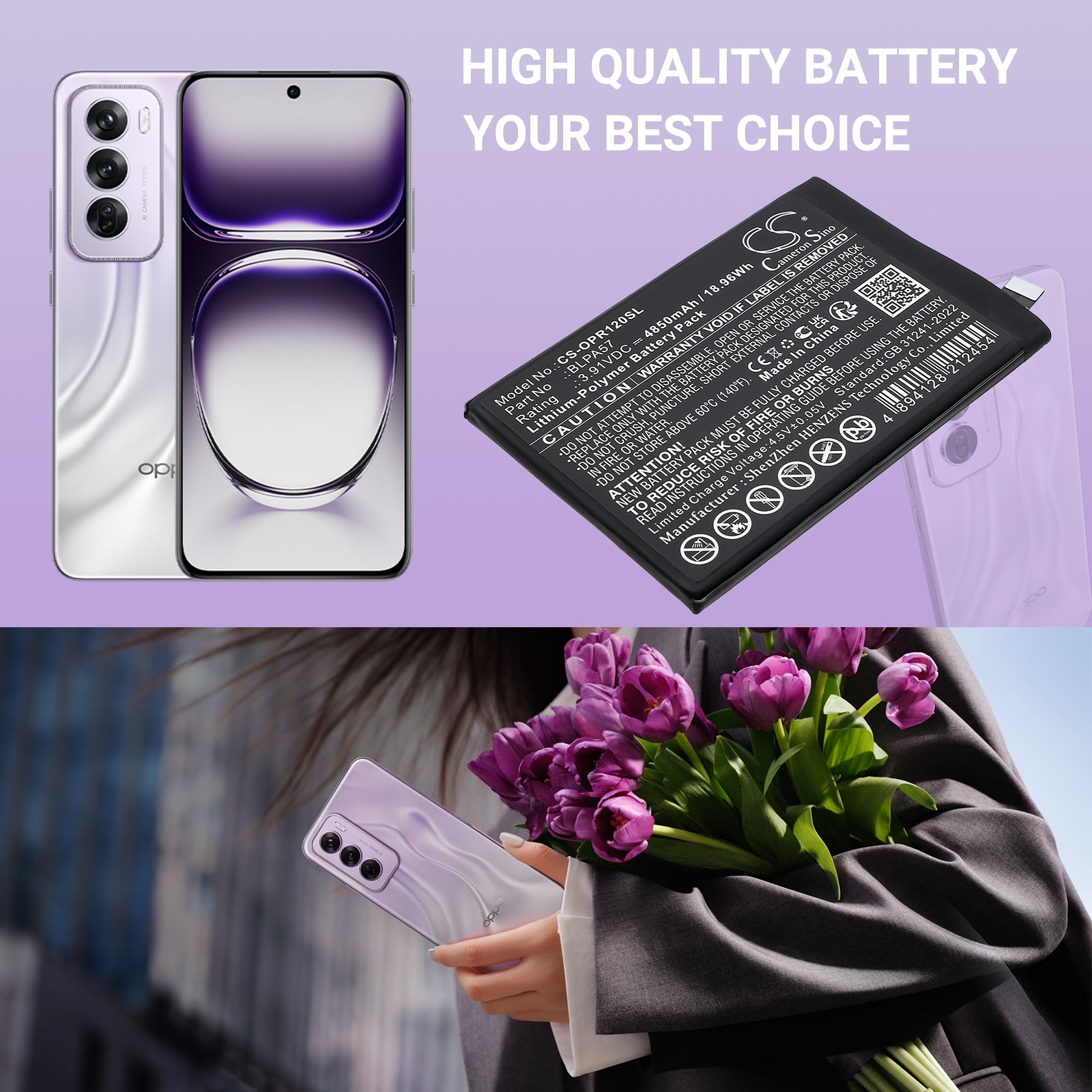 3.91V, Li-Polymer, 4850mAh, Battery fits Oppo CPH2629, Reno12 Pro, 18.96Wh Mobile, SmartPhone Cameron Sino Technology Limited