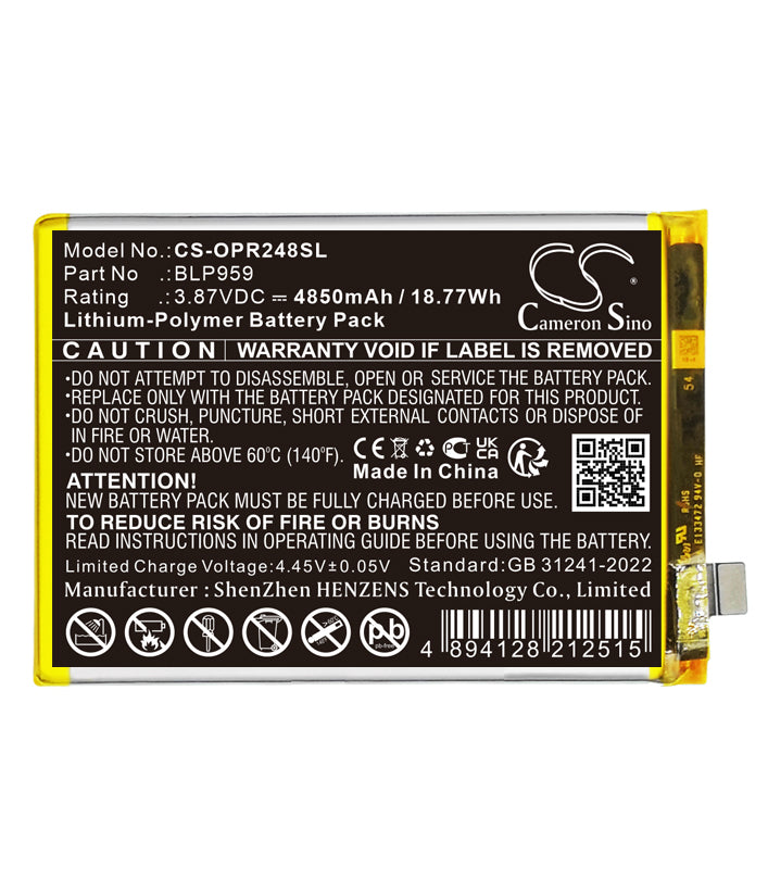 3.87V, Li-Polymer, 4850mAh, Battery fits Oppo CPH2481, Reno8 T, 18.77Wh Mobile, SmartPhone Cameron Sino Technology Limited