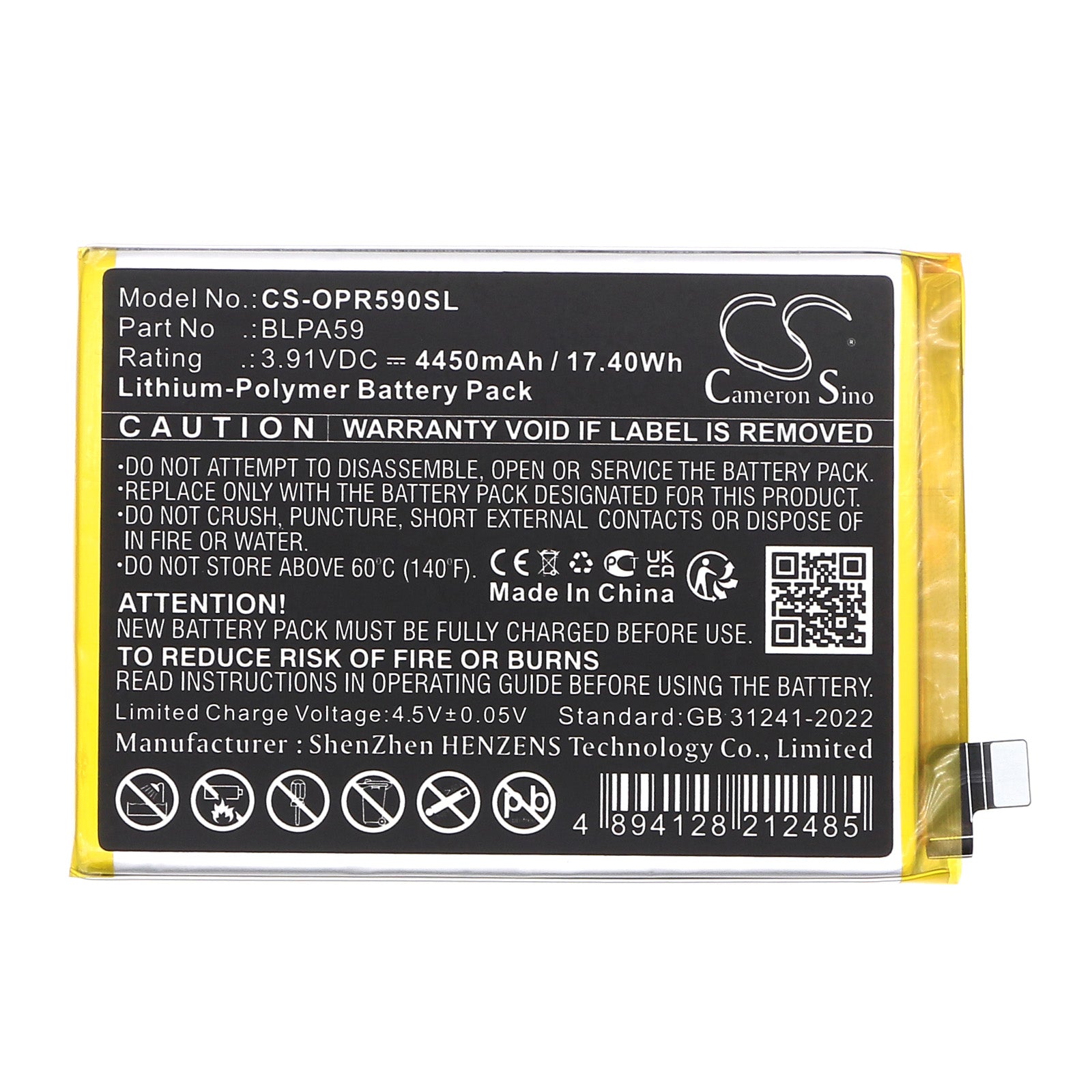 3.91V, Li-Polymer, 4450mAh, Battery fits Oppo CPH2625, Reno12, 17.4Wh Mobile, SmartPhone Cameron Sino Technology Limited