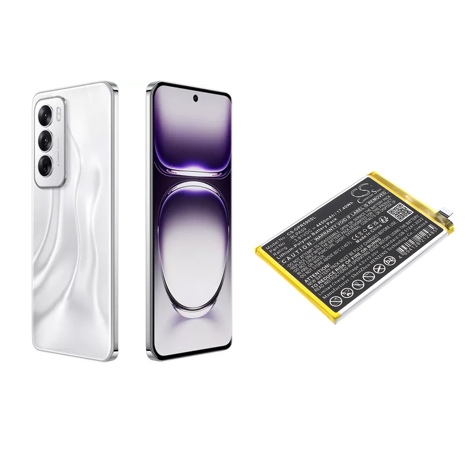 3.91V, Li-Polymer, 4450mAh, Battery fits Oppo CPH2625, Reno12, 17.4Wh Mobile, SmartPhone Cameron Sino Technology Limited
