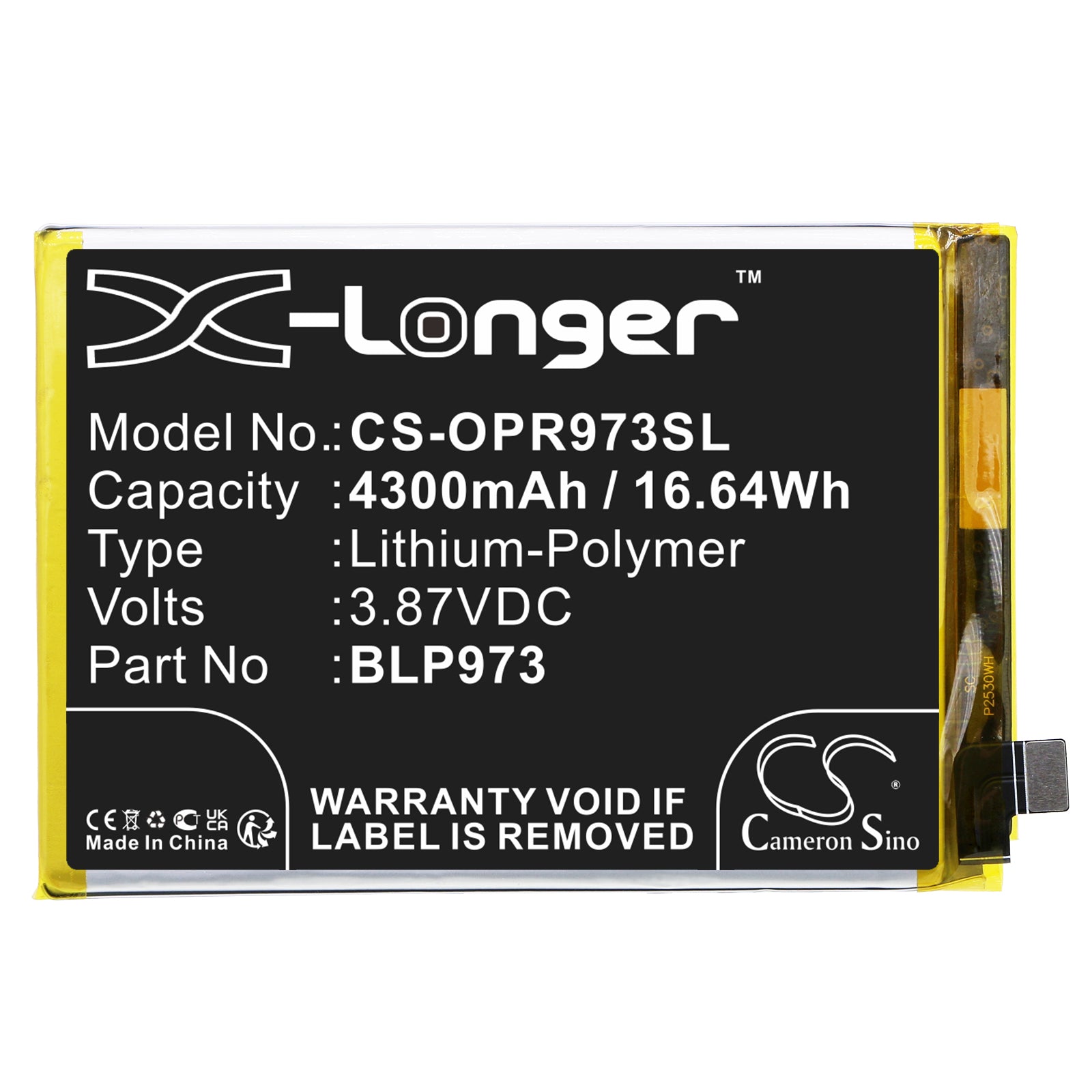 Li-Polymer, Mobile, SmartPhone Battery fits Oppo Pgx110, Phm110, 3.87V, 4300mAh Mobile, SmartPhone Cameron Sino Technology Limited