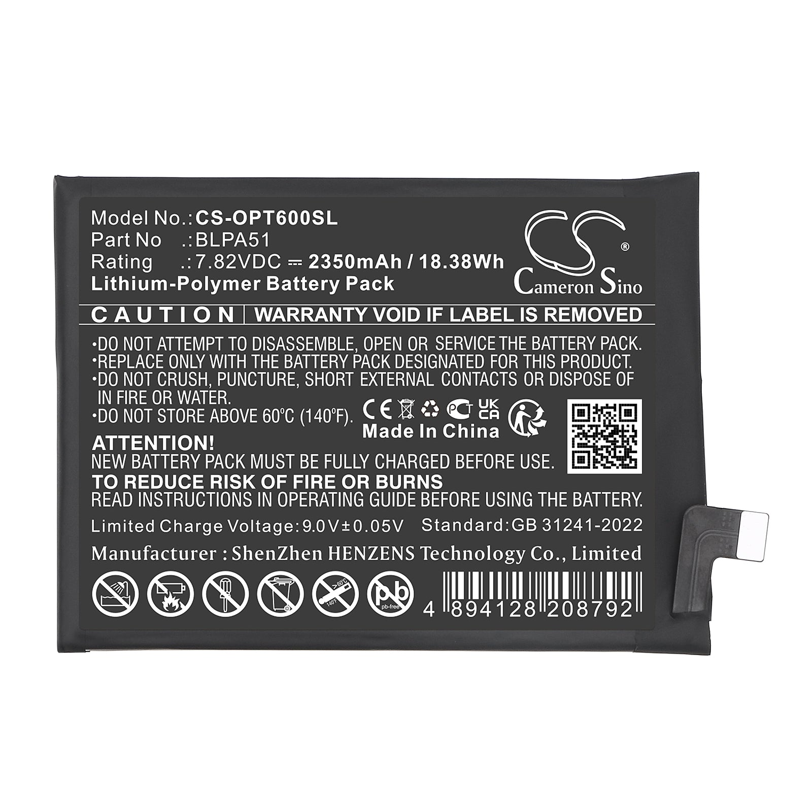 7.82V, Li-Polymer, 2350mAh, Battery fits Oppo Realme GT 6T | Realme GT 6T, 18.38Wh Mobile, SmartPhone Cameron Sino Technology Limited