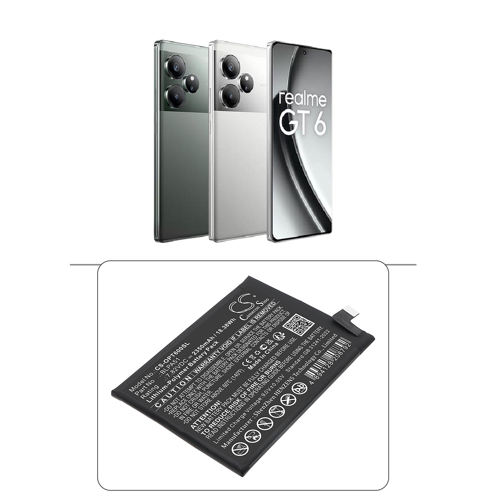 7.82V, Li-Polymer, 2350mAh, Battery fits Oppo Realme GT 6T | Realme GT 6T, 18.38Wh Mobile, SmartPhone Cameron Sino Technology Limited