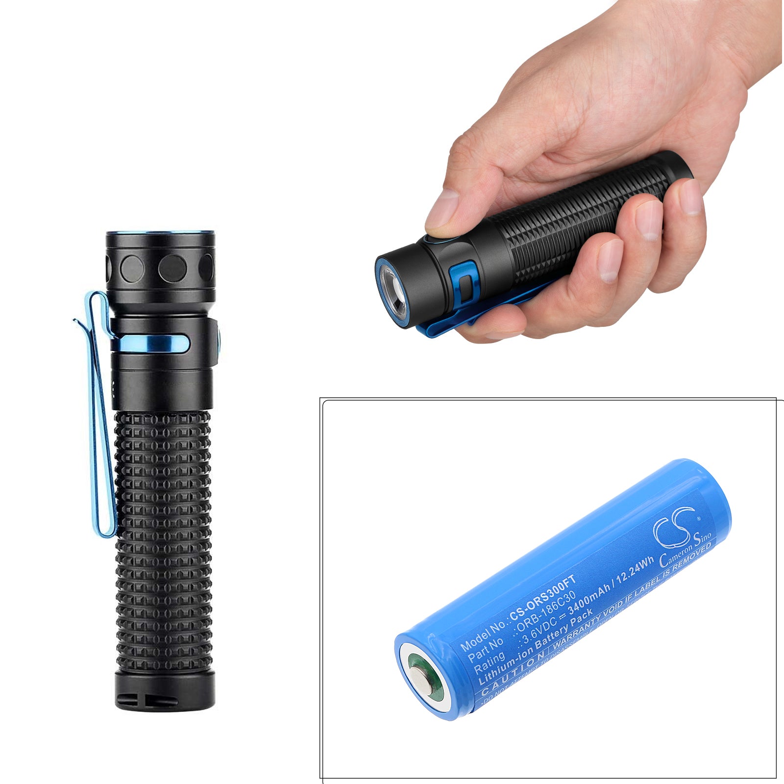 3.6V, Li-ion, 3400mAh, Battery fits Olight Baton Pro, H2R headlamp, 12.24Wh Flashlight Cameron Sino Technology Limited