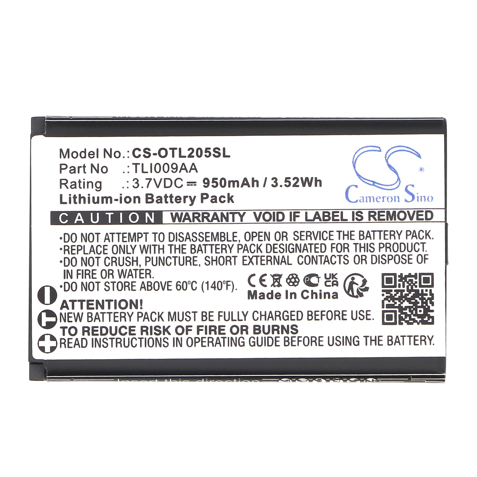 3.7V, Li-ion, 950mAh, Battery fits Alcatel OT-2038X, OT-2053D, 3.52Wh Mobile, SmartPhone Cameron Sino Technology Limited