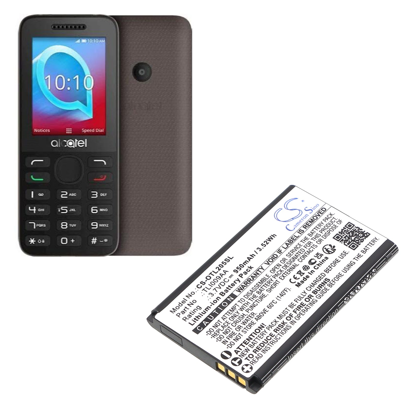 3.7V, Li-ion, 950mAh, Battery fits Alcatel OT-2038X, OT-2053D, 3.52Wh Mobile, SmartPhone Cameron Sino Technology Limited