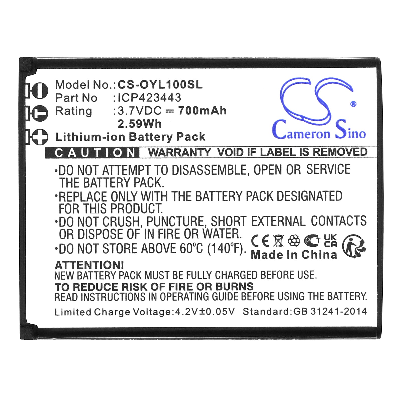 Li-ion, Mobile, SmartPhone Battery fits Olympia Luna, 3.7V, 700mAh Mobile, SmartPhone Cameron Sino Technology Limited