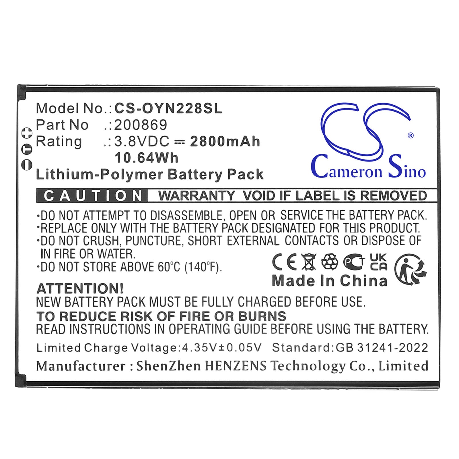 3.8V, Li-Polymer, 2800mAh, Battery fits Olympia 2286, NEO, 10.64Wh Mobile, SmartPhone Cameron Sino Technology Limited