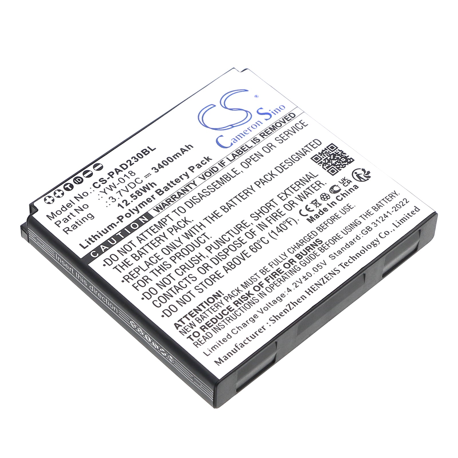 3.7V, Li-Polymer, 3400mAh, Battery fits Pax D230, 12.58Wh Payment Terminal Cameron Sino Technology Limited