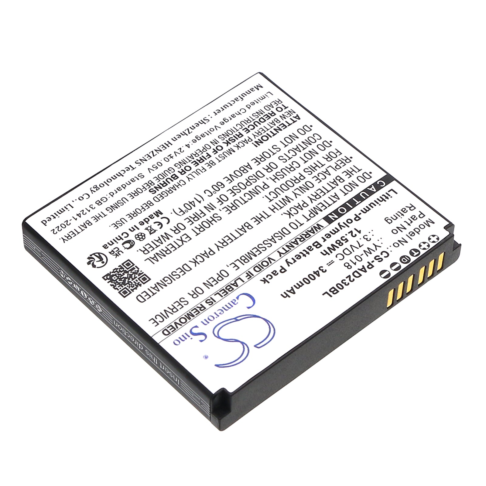 3.7V, Li-Polymer, 3400mAh, Battery fits Pax D230, 12.58Wh Payment Terminal Cameron Sino Technology Limited