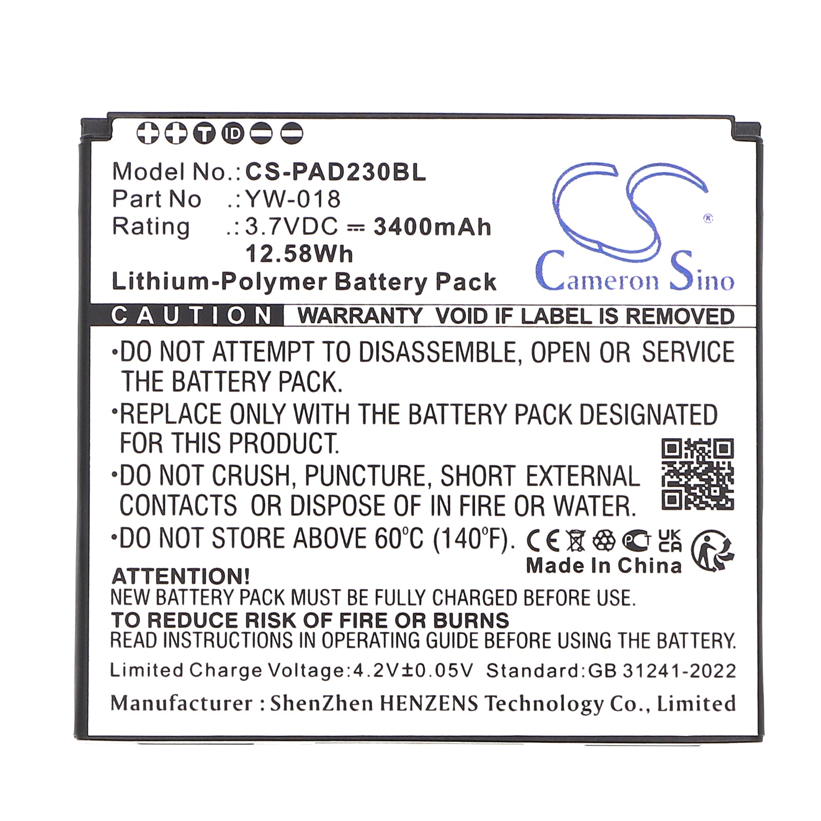 3.7V, Li-Polymer, 3400mAh, Battery fits Pax D230, 12.58Wh Payment Terminal Cameron Sino Technology Limited
