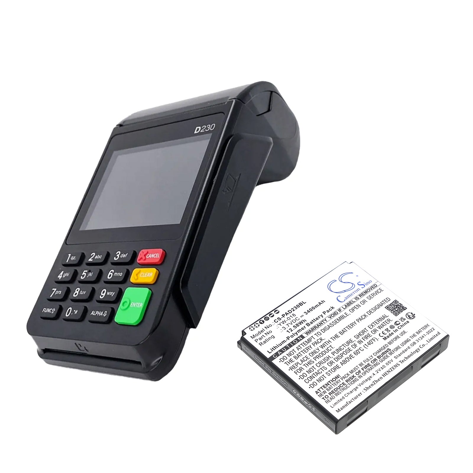 3.7V, Li-Polymer, 3400mAh, Battery fits Pax D230, 12.58Wh Payment Terminal Cameron Sino Technology Limited