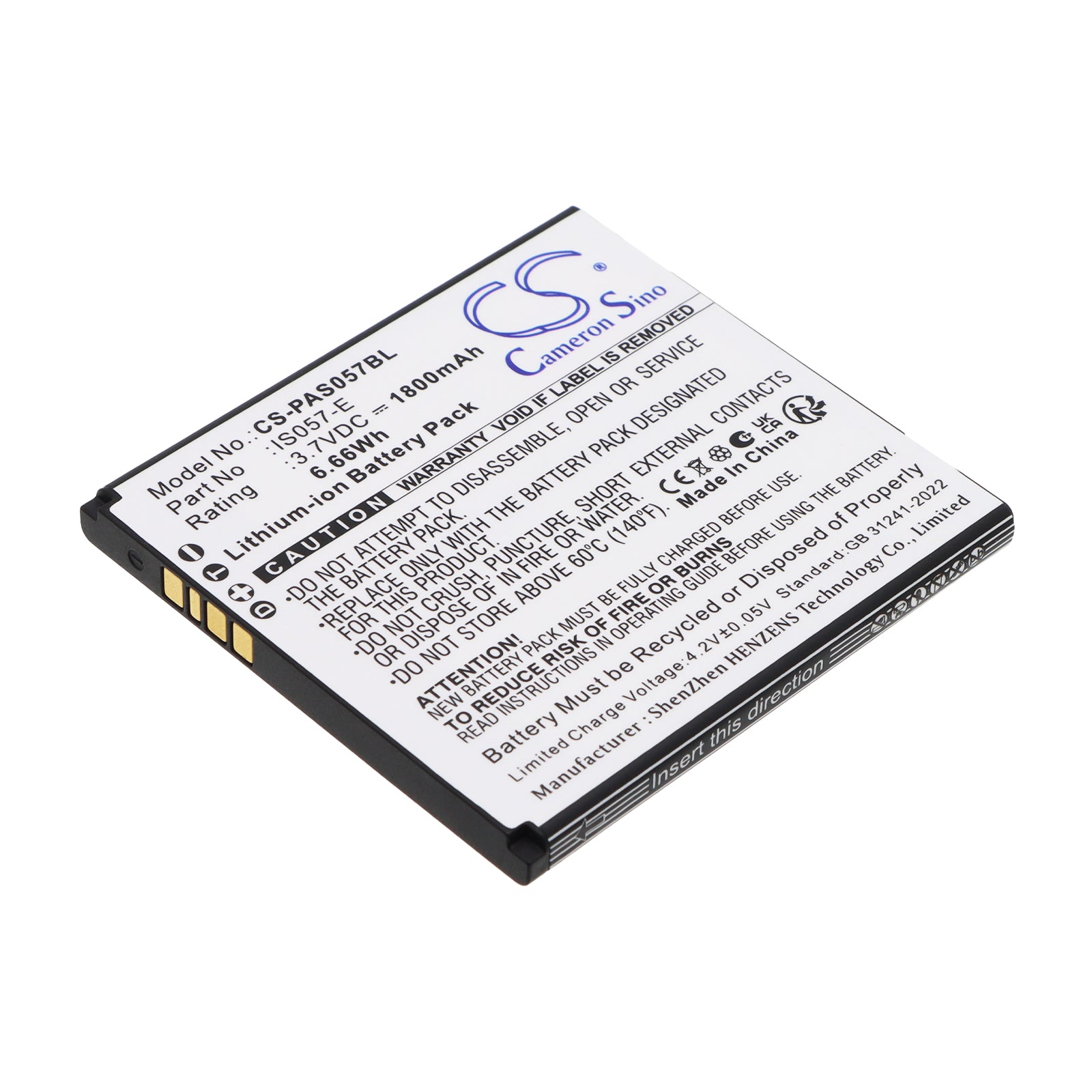 3.7V, Li-ion, 1800mAh, Battery fits Pax IS057-E, 6.66Wh Payment Terminal Cameron Sino Technology Limited