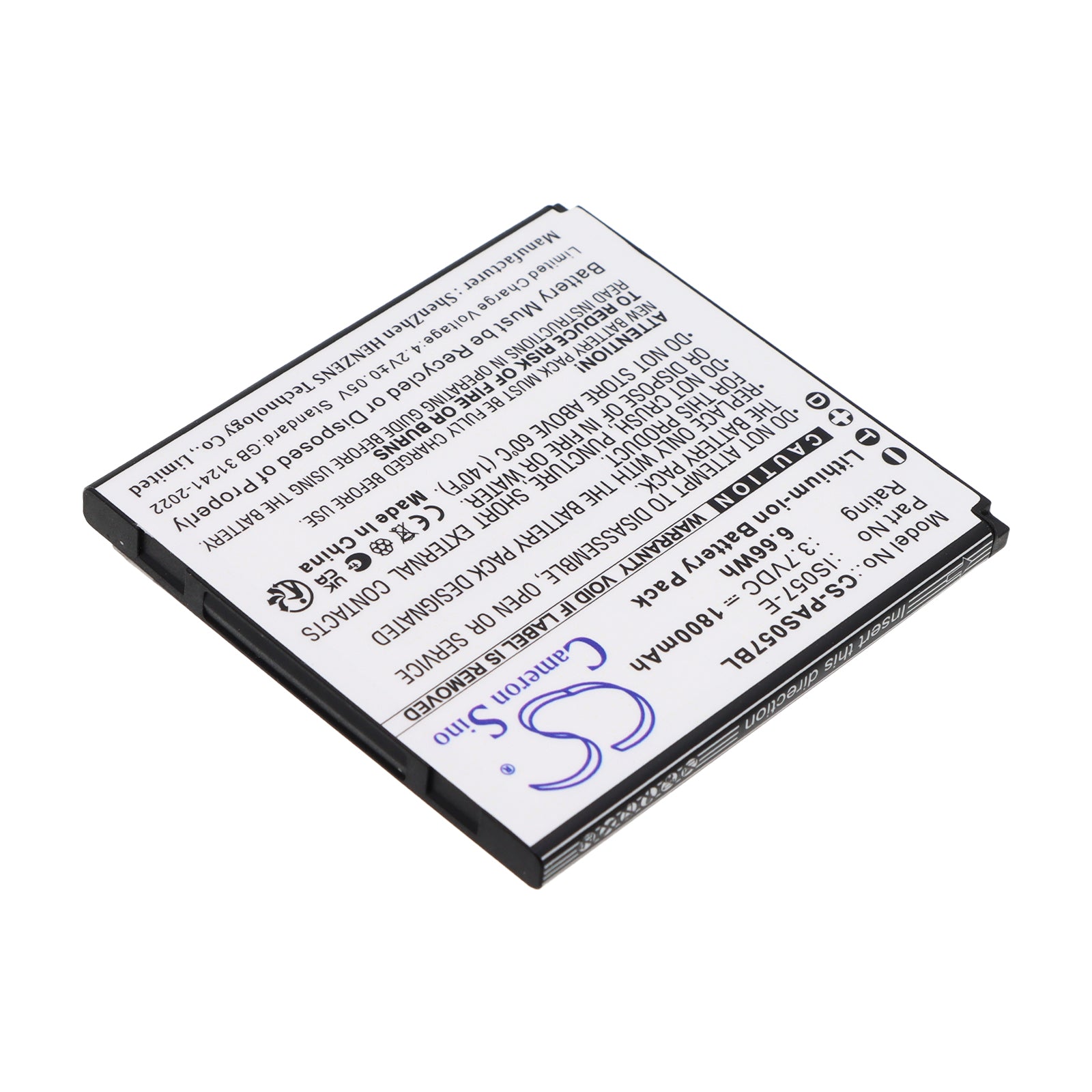 3.7V, Li-ion, 1800mAh, Battery fits Pax IS057-E, 6.66Wh Payment Terminal Cameron Sino Technology Limited