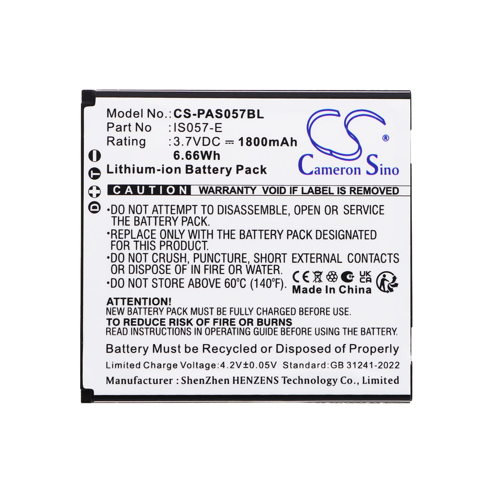 3.7V, Li-ion, 1800mAh, Battery fits Pax IS057-E, 6.66Wh Payment Terminal Cameron Sino Technology Limited