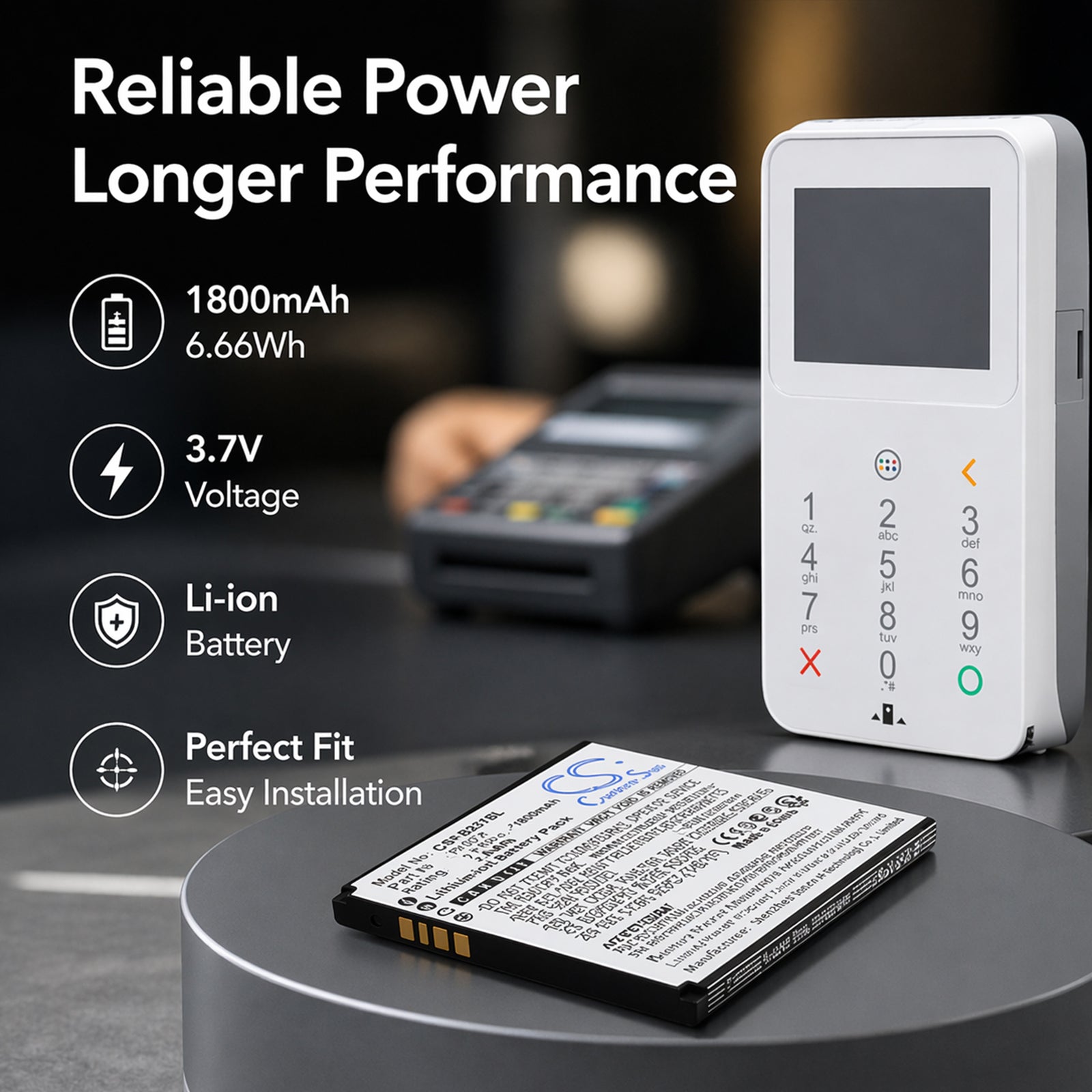 3.7V, Li-ion, 1800mAh, Battery fits Pax IS057-E, 6.66Wh Payment Terminal Cameron Sino Technology Limited