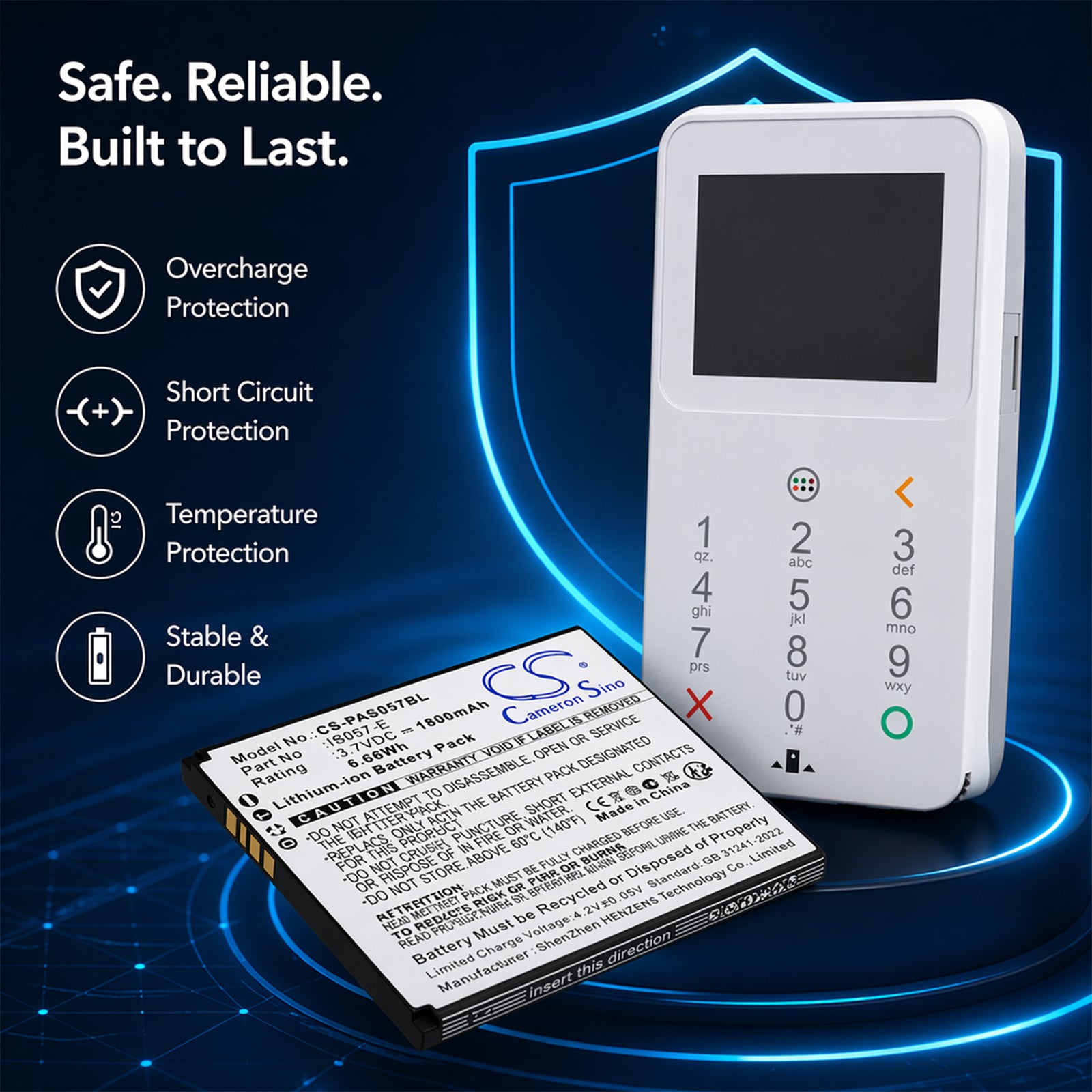 3.7V, Li-ion, 1800mAh, Battery fits Pax IS057-E, 6.66Wh Payment Terminal Cameron Sino Technology Limited