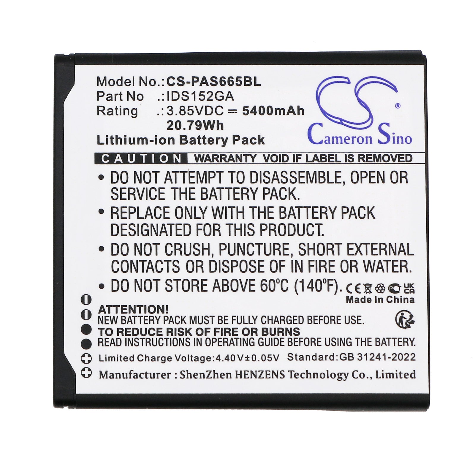 3.85V, Li-ion, 5400mAh, Battery fits Pax IDS152GA, 20.79Wh Payment Terminal Cameron Sino Technology Limited