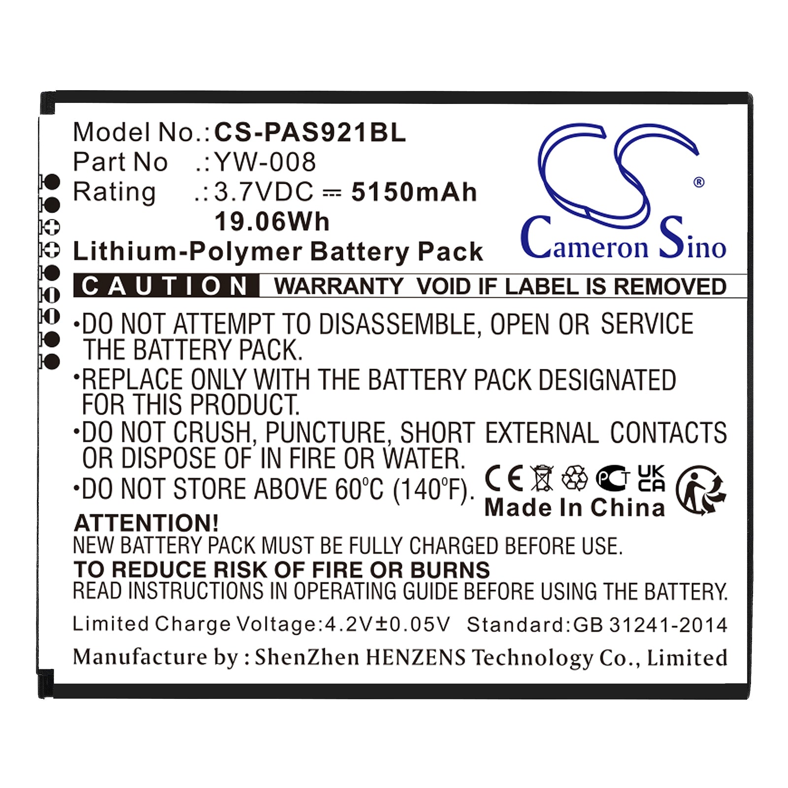 Li-Polymer, Payment Terminal Battery fits Pax A920 Pro, 3.7V, 5150mAh Payment Terminal Cameron Sino Technology Limited