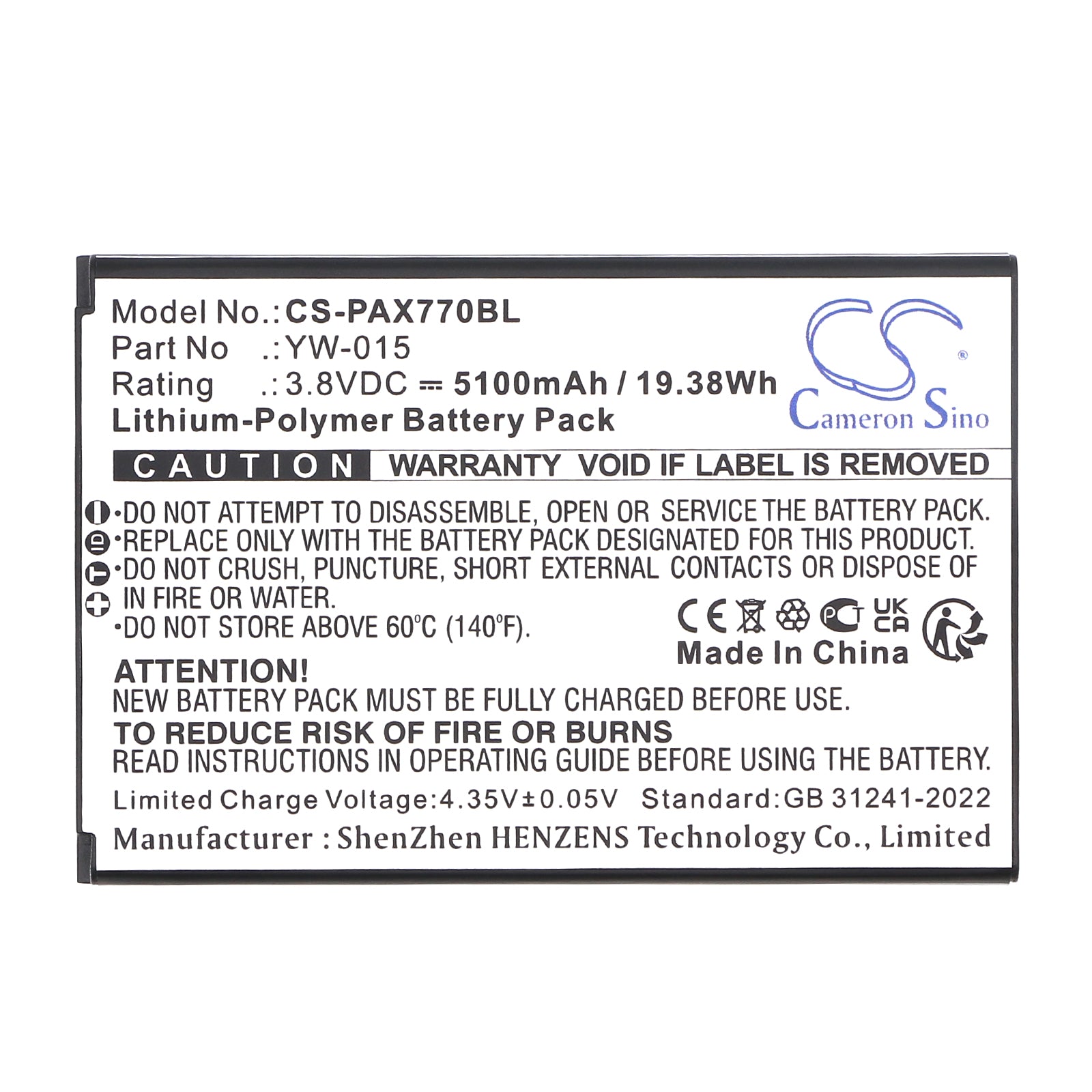 3.8V, Li-Polymer, 5100mAh, Battery fits Pax A77, 19.38Wh Payment Terminal Cameron Sino Technology Limited