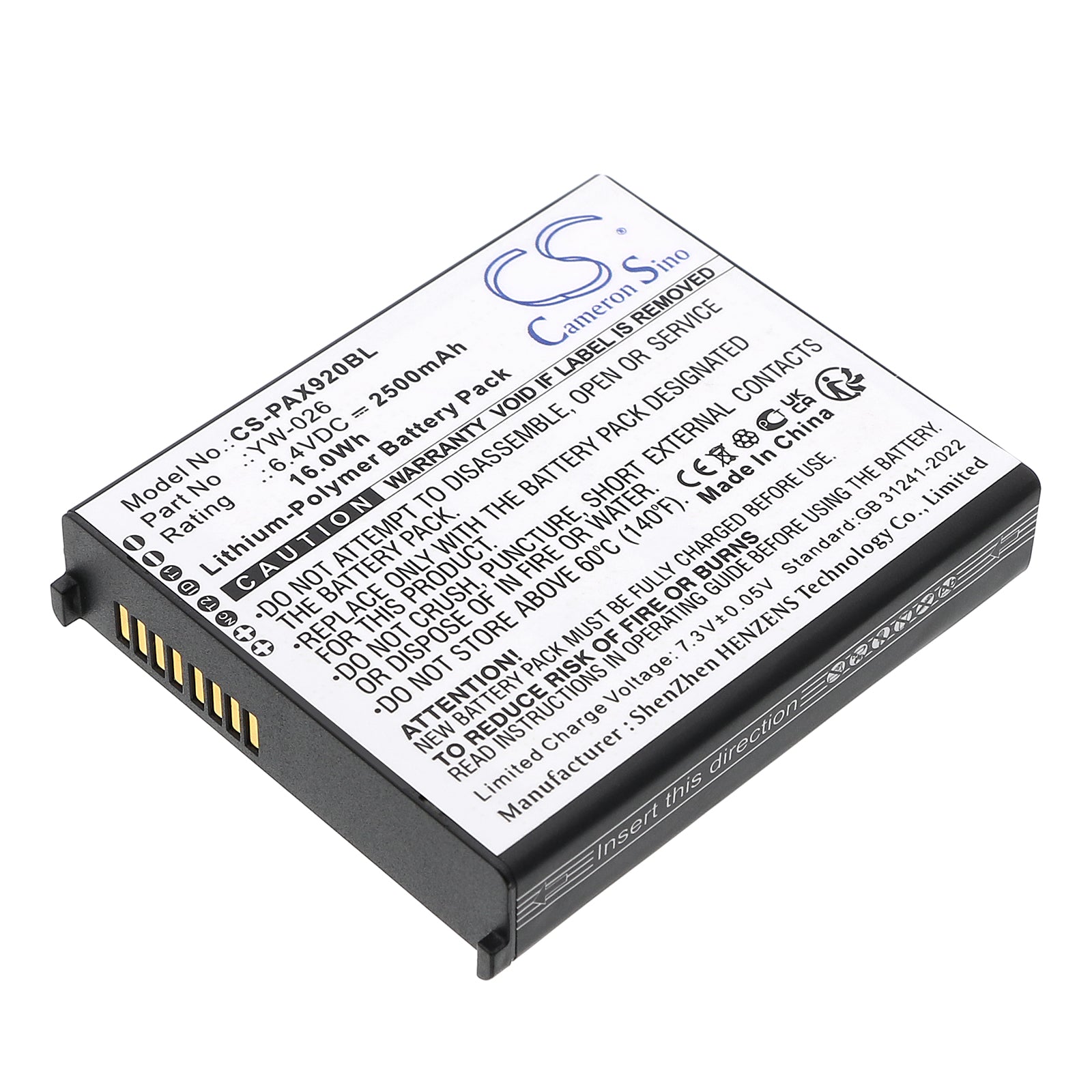 6.4V, Li-Polymer, 2500mAh, Battery fits Pax A920 MAX, 16Wh Payment Terminal Cameron Sino Technology Limited